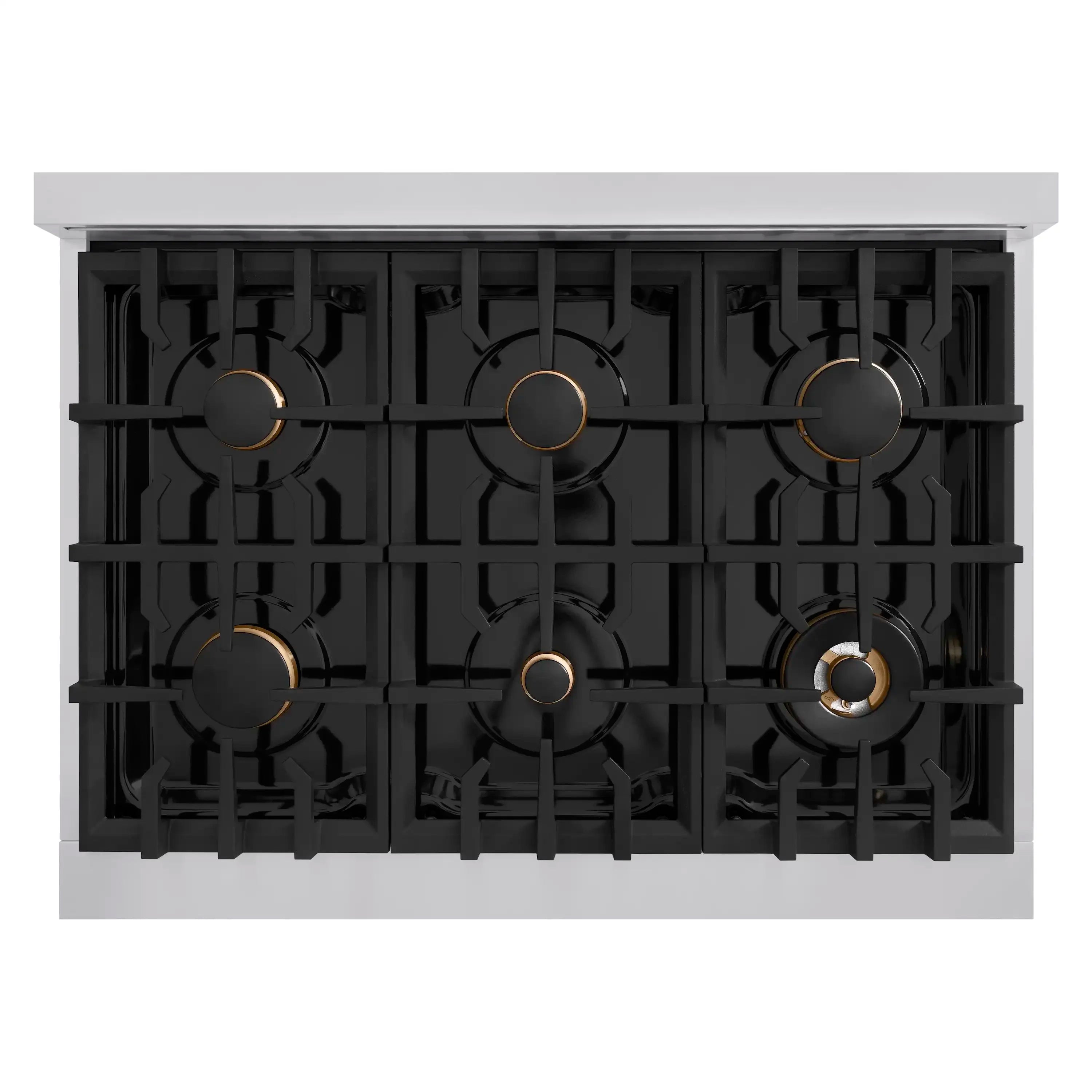 Black 6-burner gas cooktop with gold-ring burner heads and cast-iron grate layout