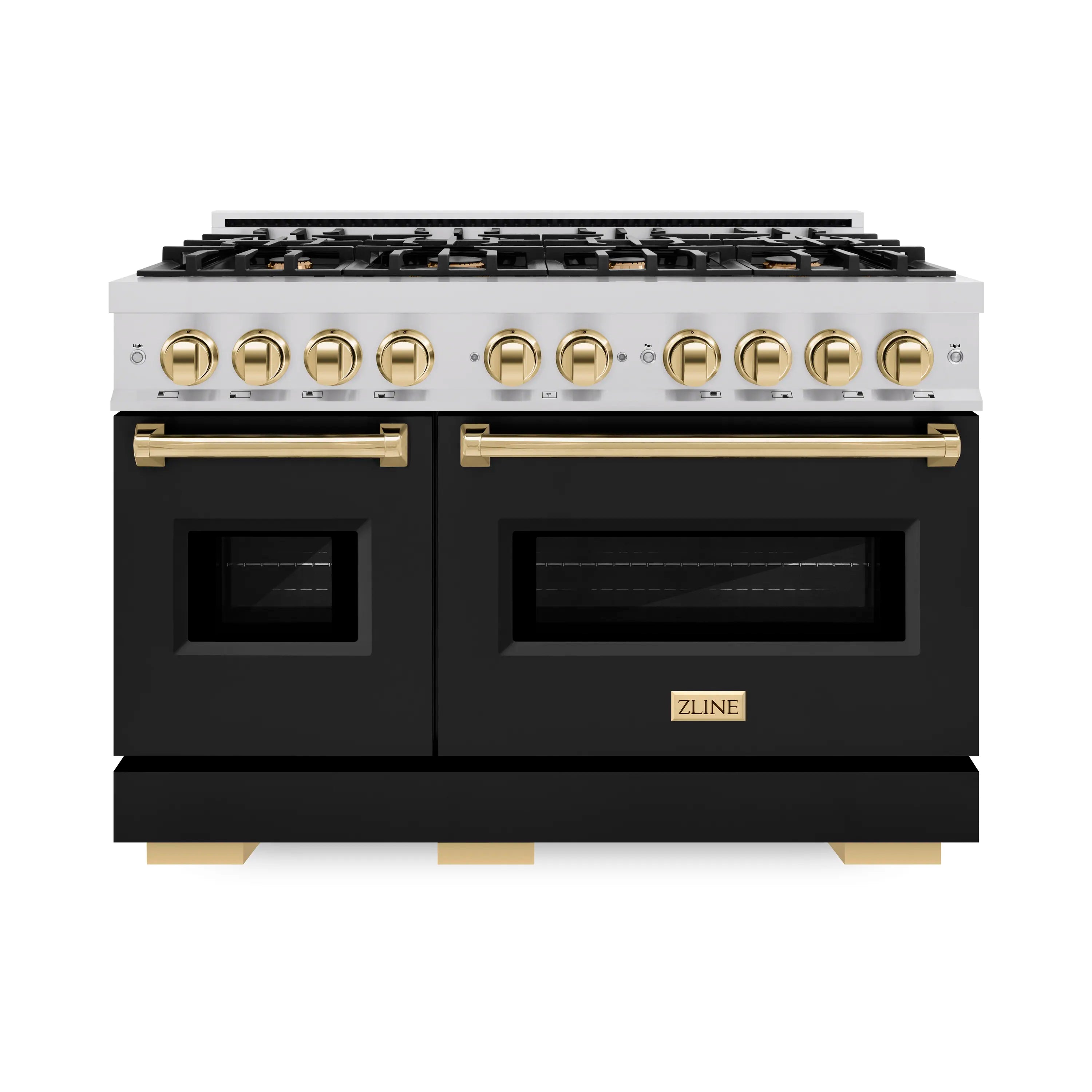 Dual-fuel range front with stainless top, black doors, and gold-trim handle bars