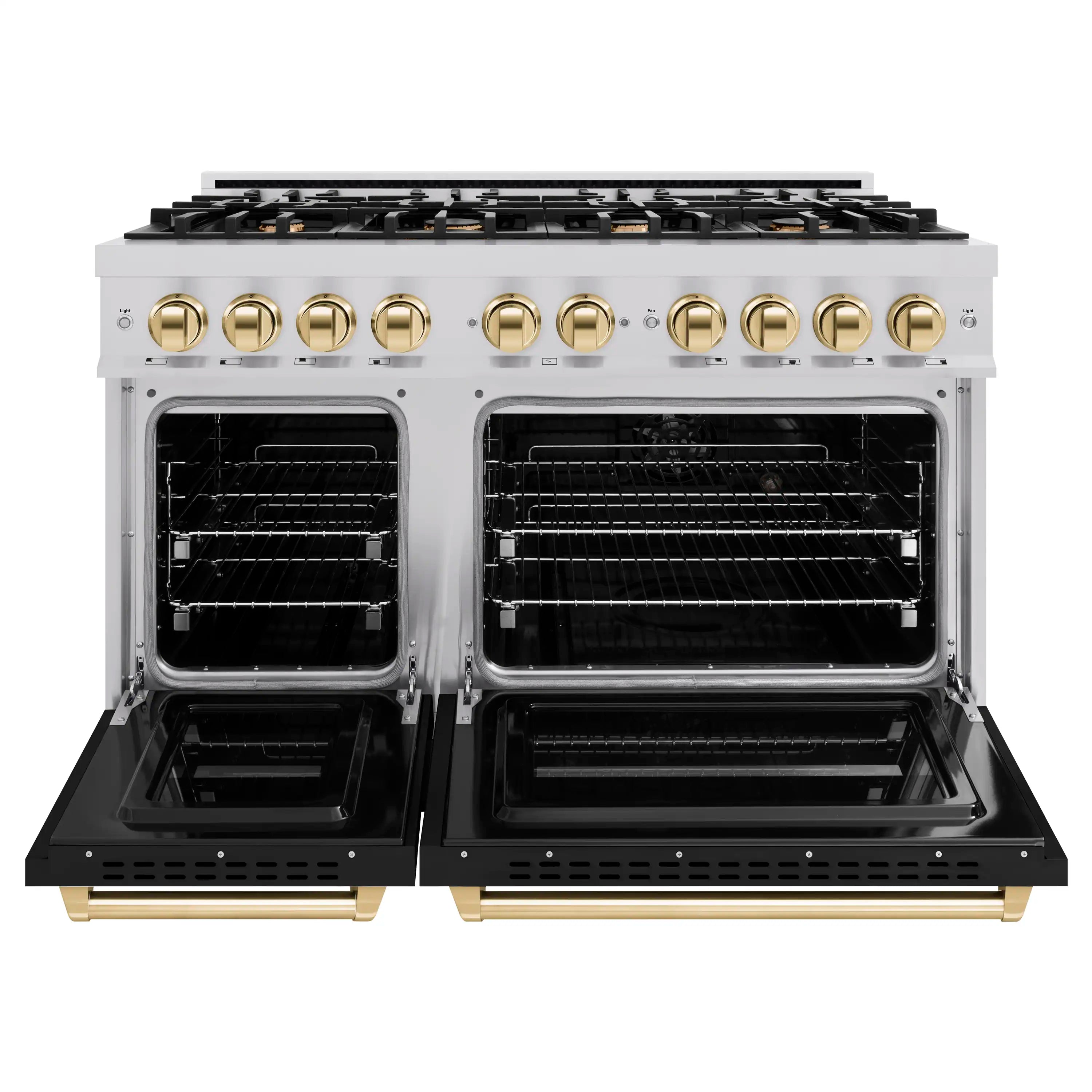 Dual-fuel range with open electric convection ovens and wire racks