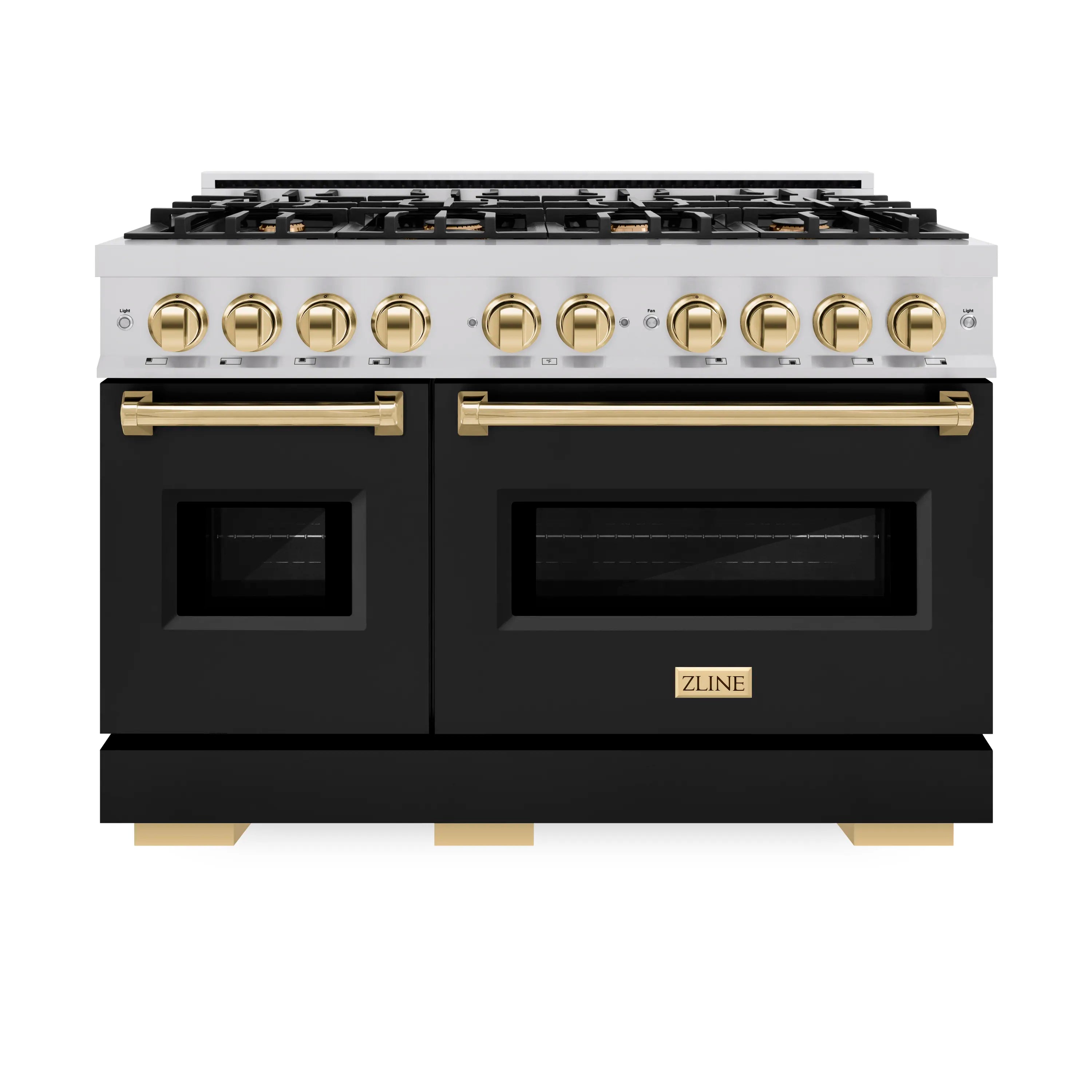 Dual-fuel range front with stainless top, black doors, and gold control knobs
