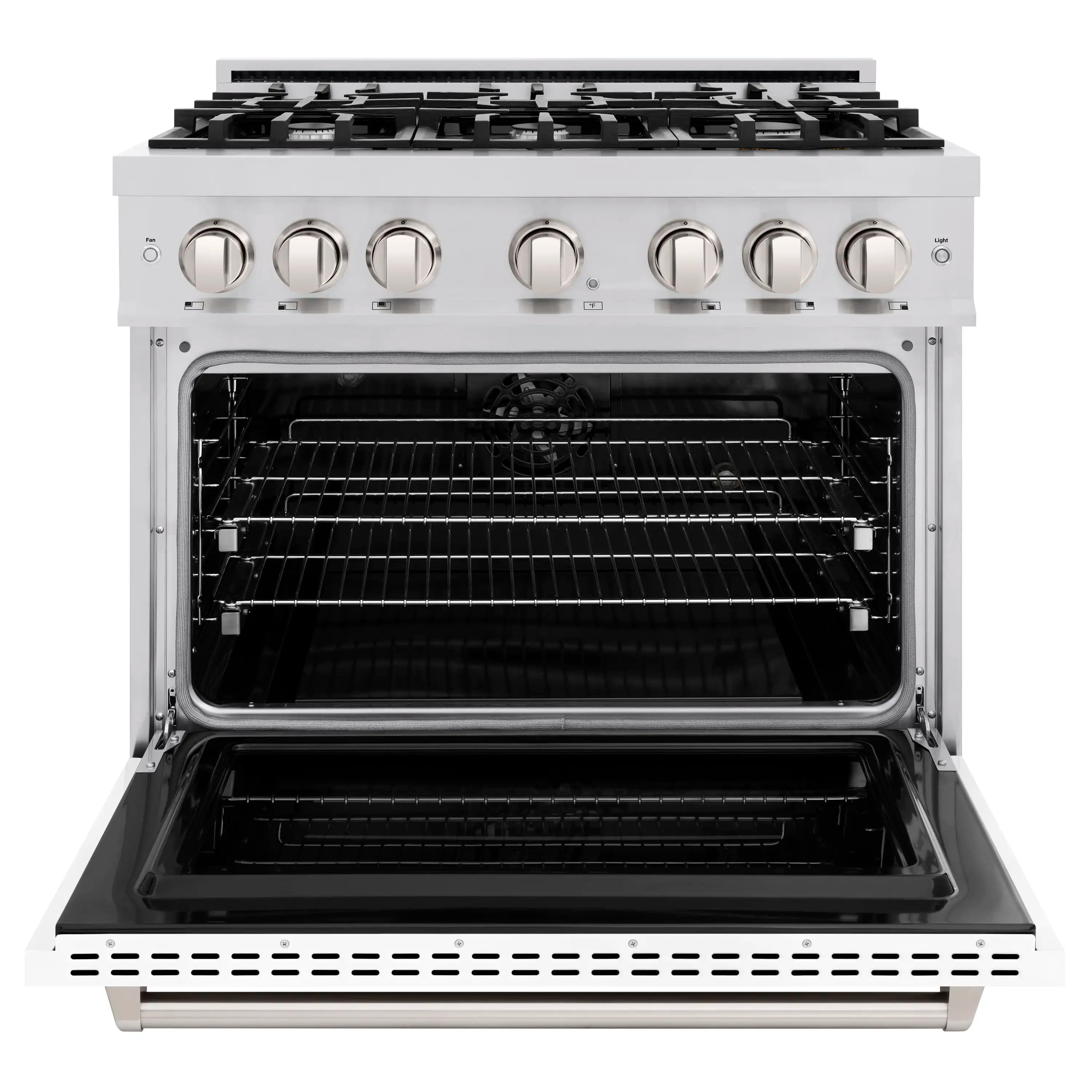 Stainless steel dual fuel range with six gas burners and open electric convection oven