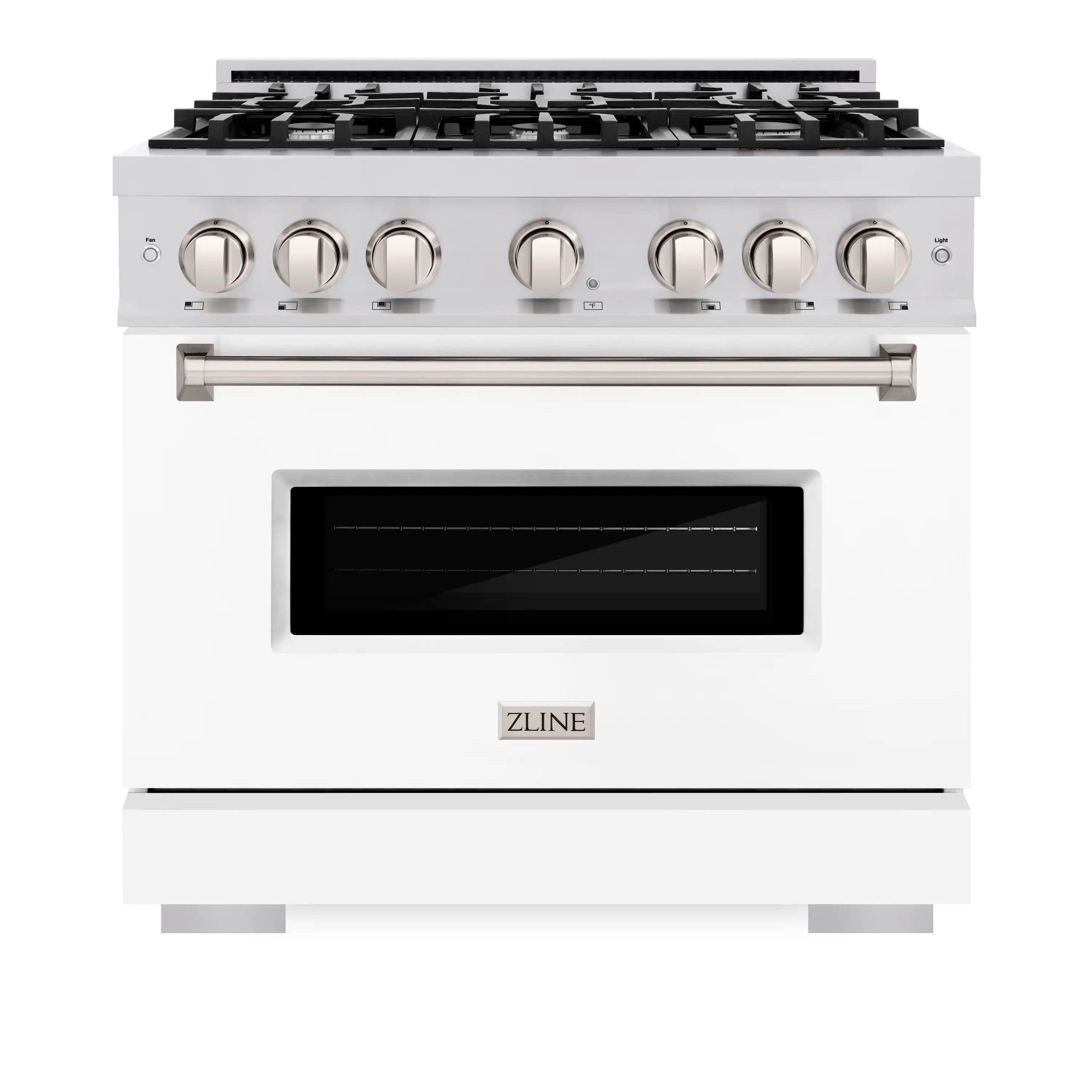 White matte dual fuel range with glass oven window and six stainless control knobs