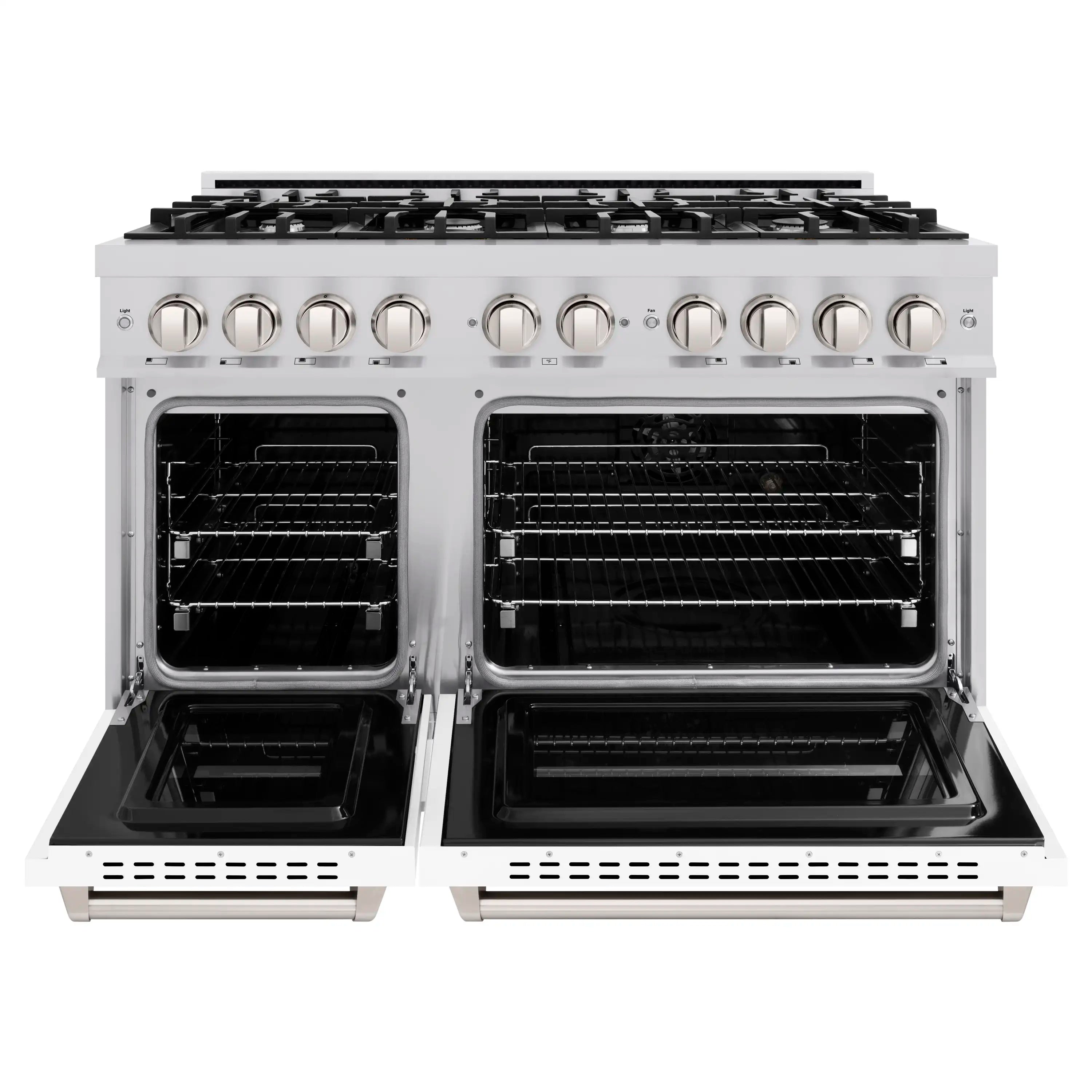 Stainless dual-fuel range with two ovens and two oven doors open on white cabinet