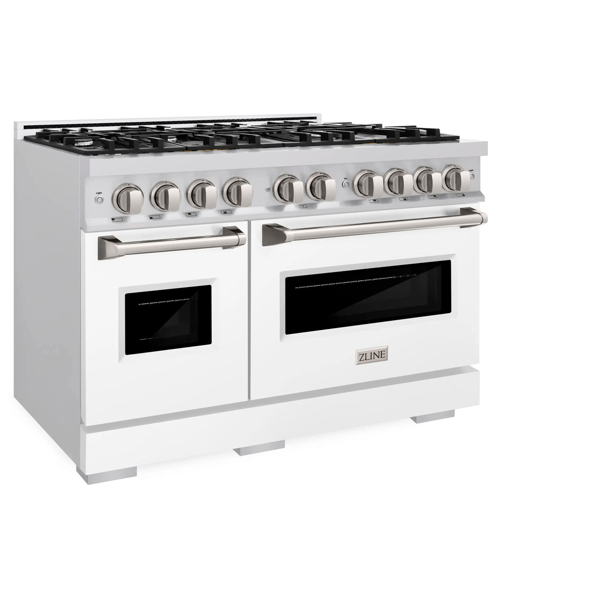 White matte dual-fuel range with black oven windows, stainless control knobs, and grates