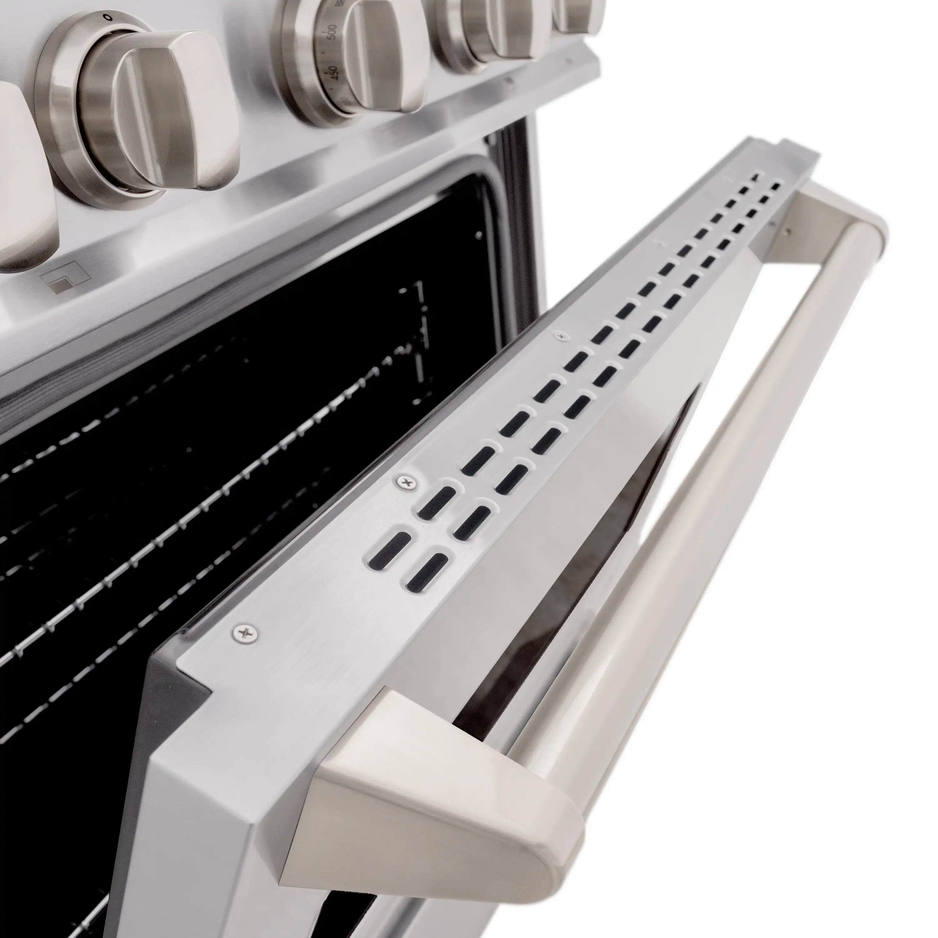 Dual fuel range oven drawer with vented stainless panel and front handle