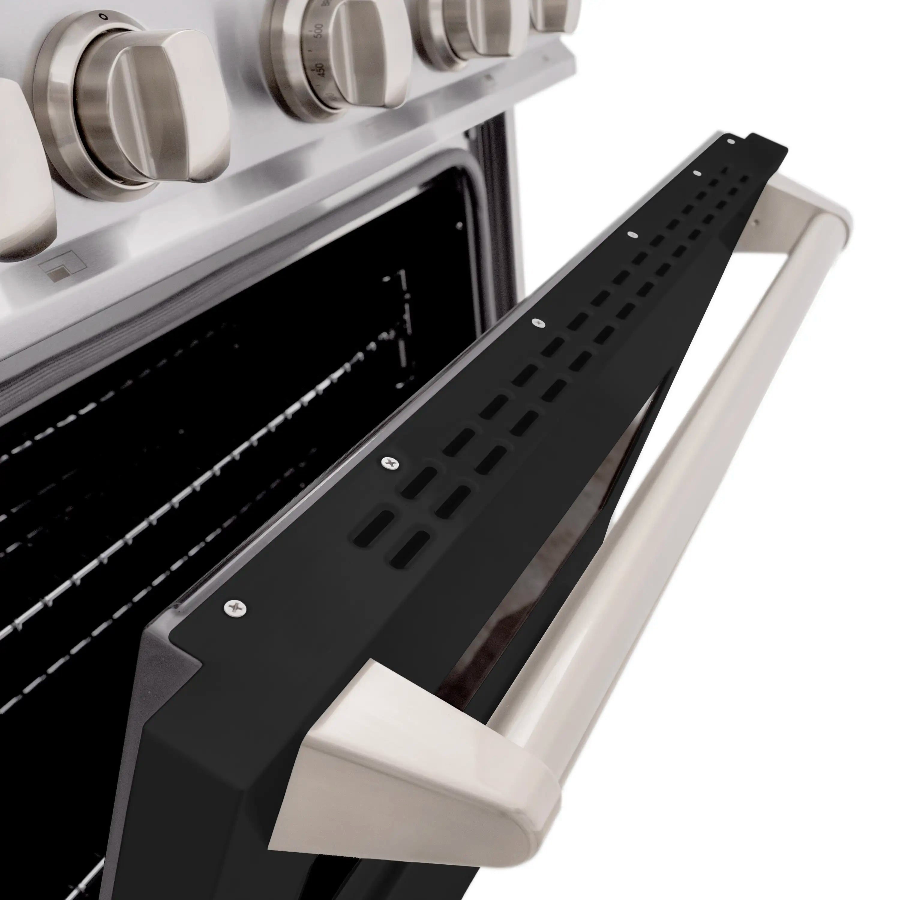 Open oven door with black interior and vented air panel; stainless control knobs