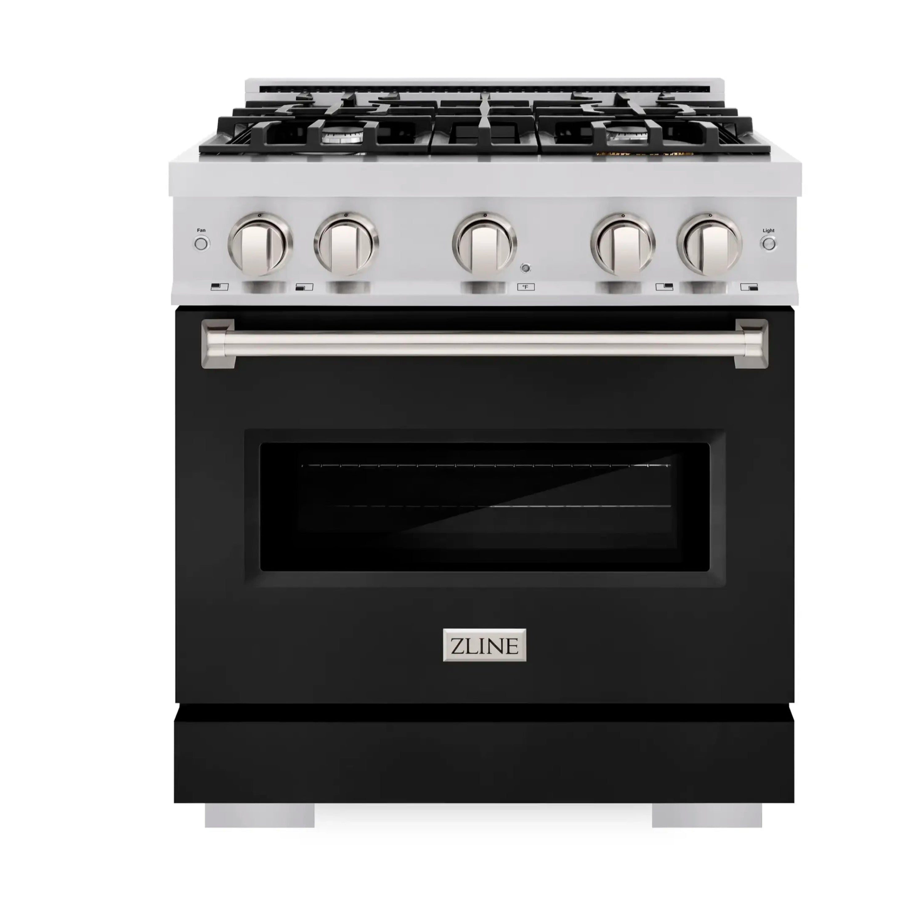 Stainless steel gas range with black matte window door and four-burner cooktop