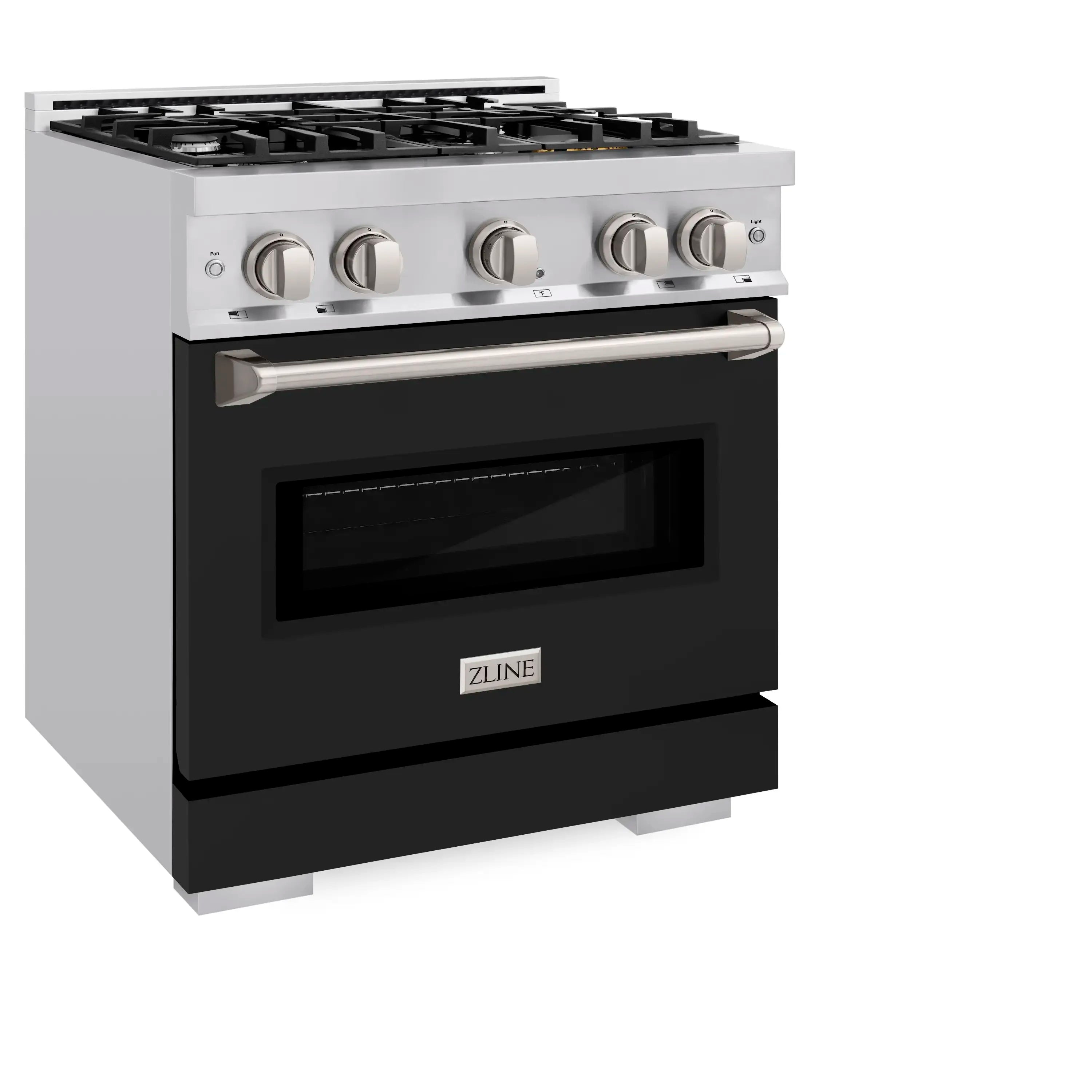 Stainless steel gas range with black matte door and four-burner cooktop
