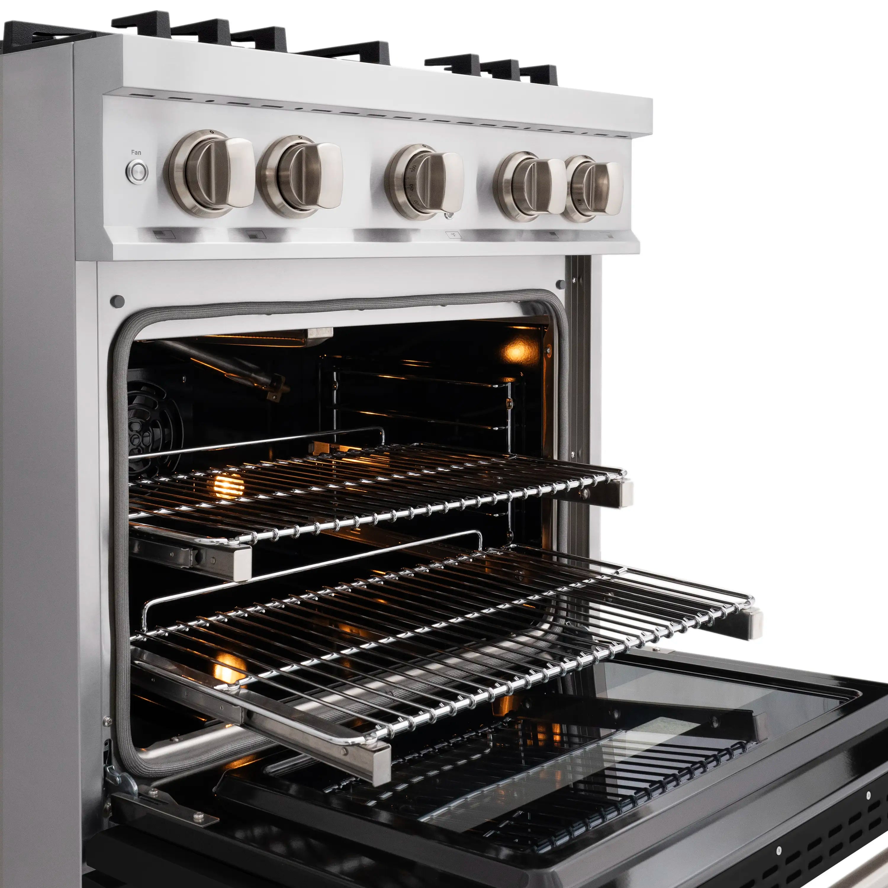 Stainless steel gas oven with racks inside and open door; four-burner cooktop above