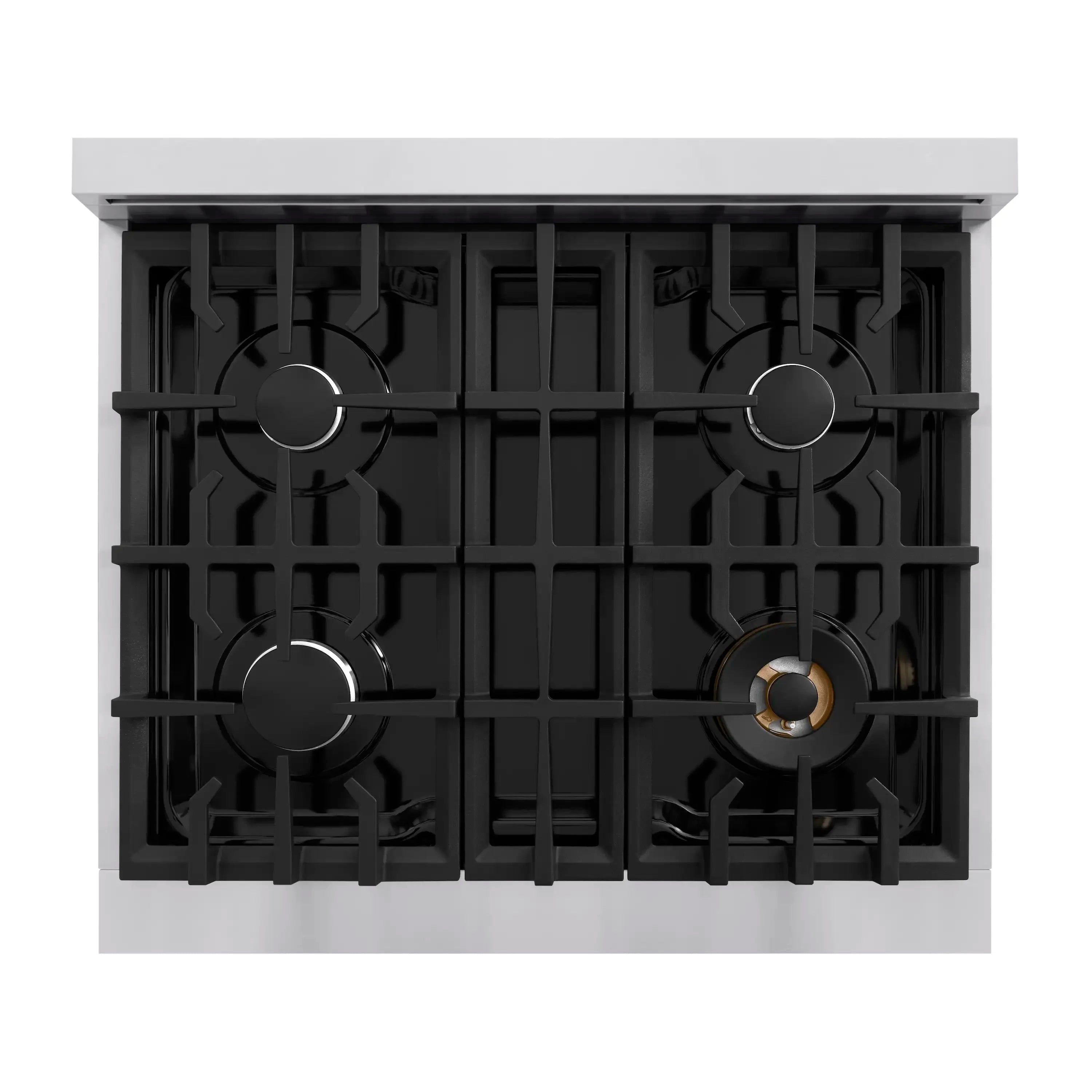 Four-burner cast grates on stainless cooktop with burner knob locations
