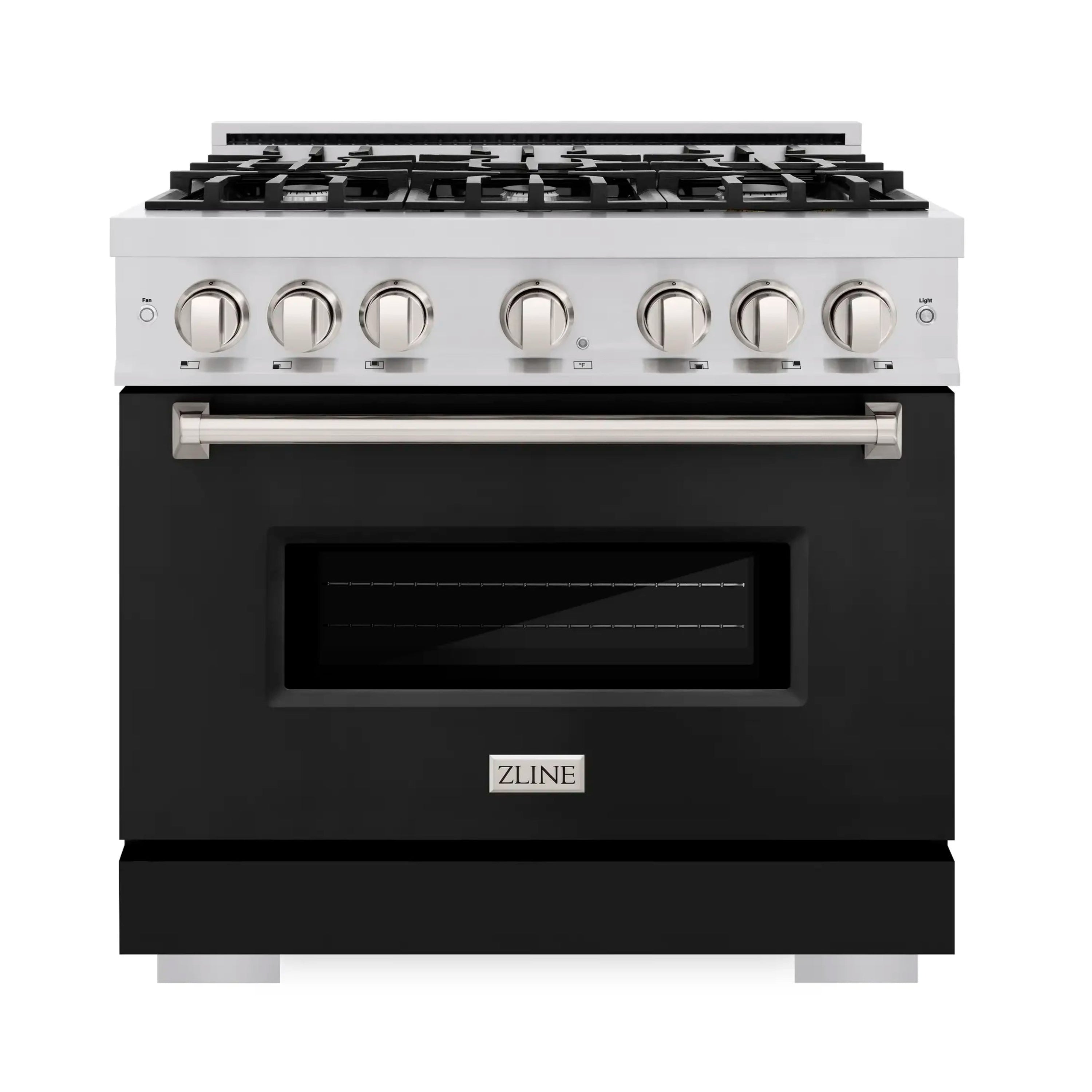 Stainless gas range with black matte oven door and six burner control knobs