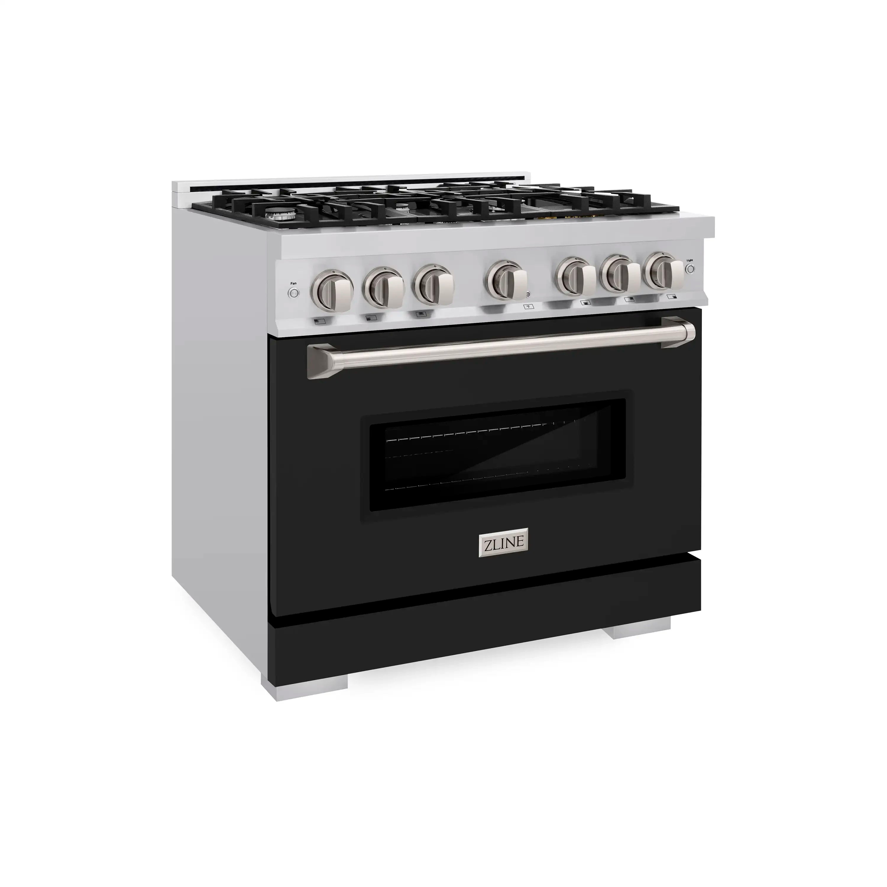 Front view of stainless gas range with black matte door and knob control panel