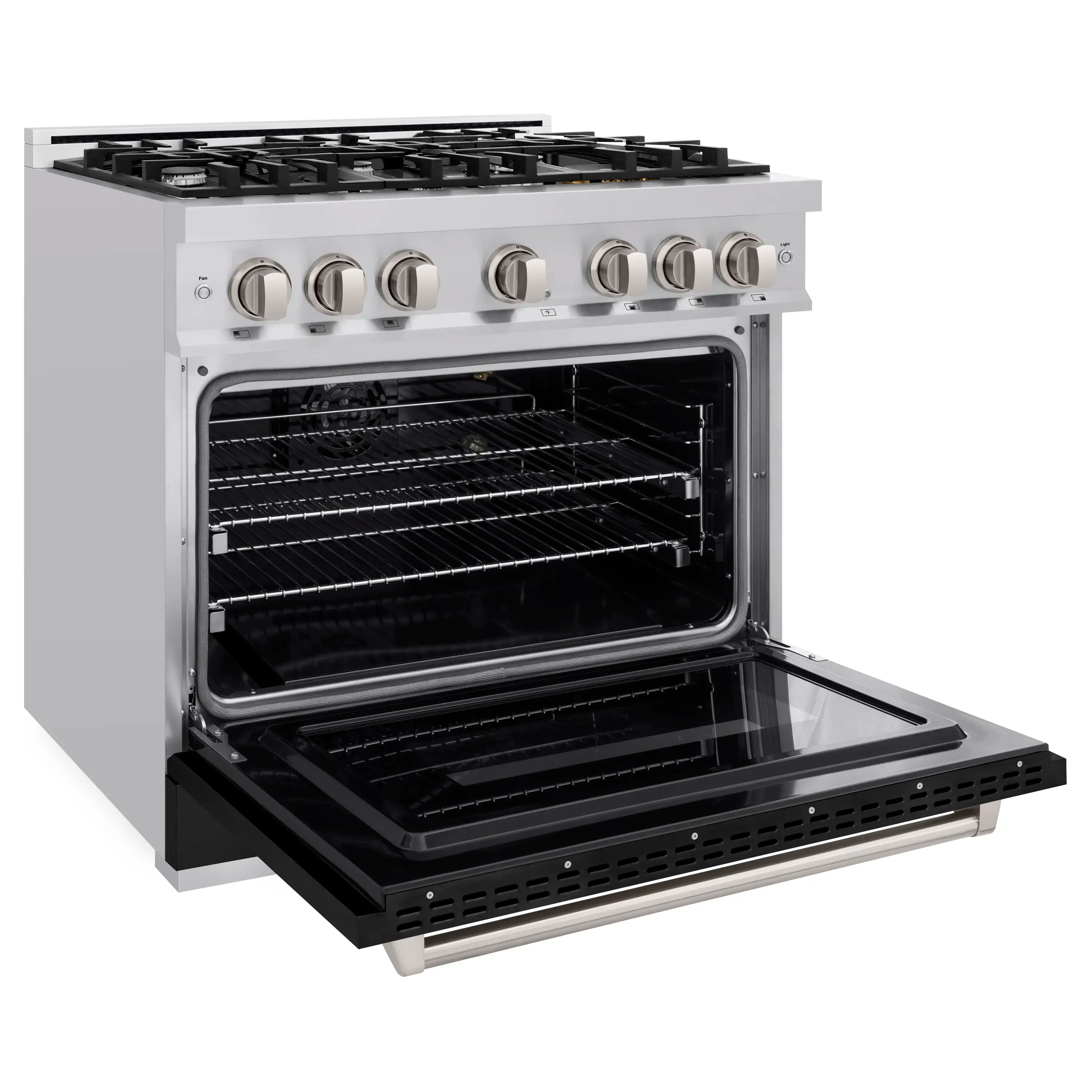 Stainless gas convection oven door open, showing wire racks and dark interior
