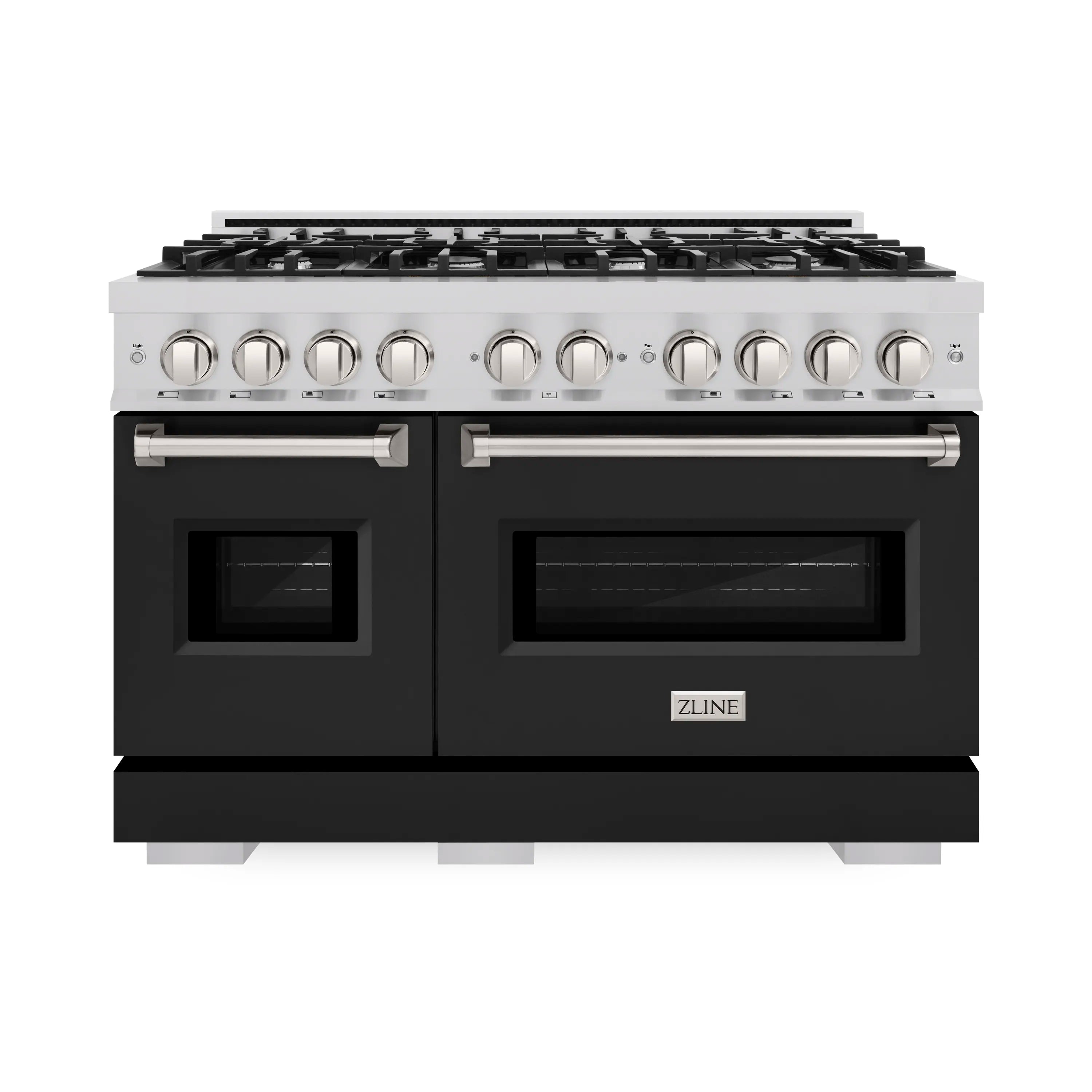 Stainless steel gas range with black matte doors, control knobs, and eight-burner grates.