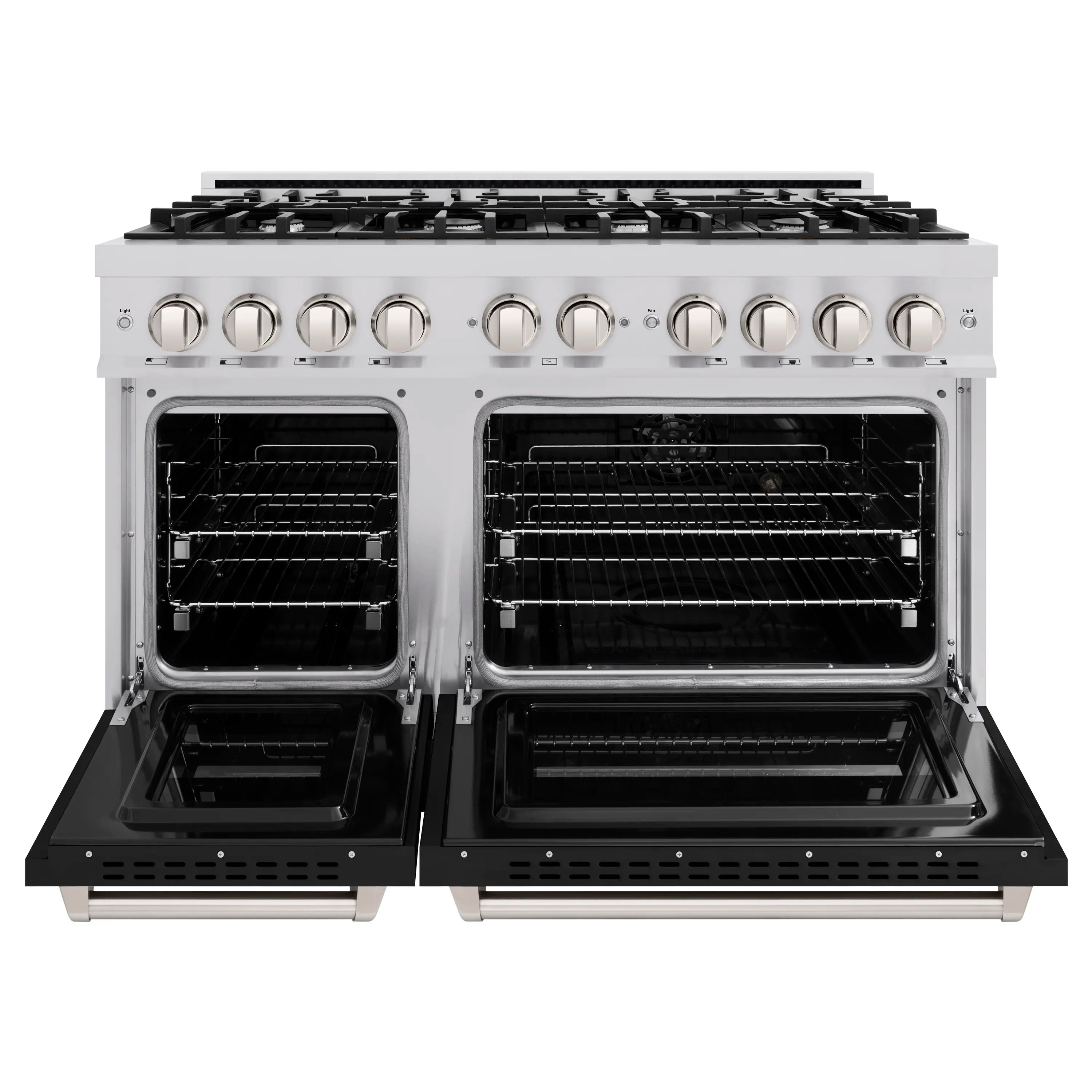 Stainless steel gas range with oven doors open, showing racks and interior burners.