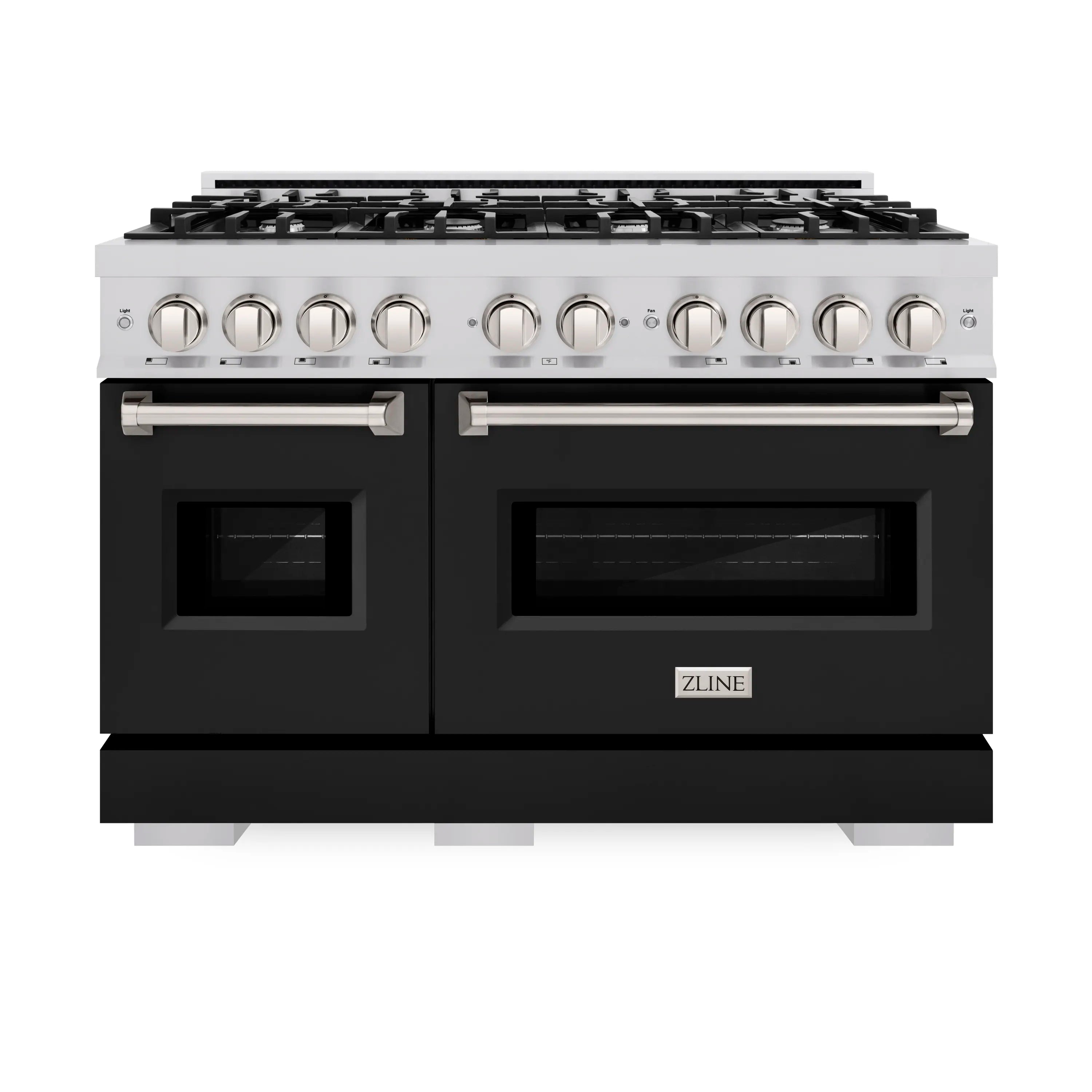 Stainless steel gas range with black matte doors and eight-burner cooktop.