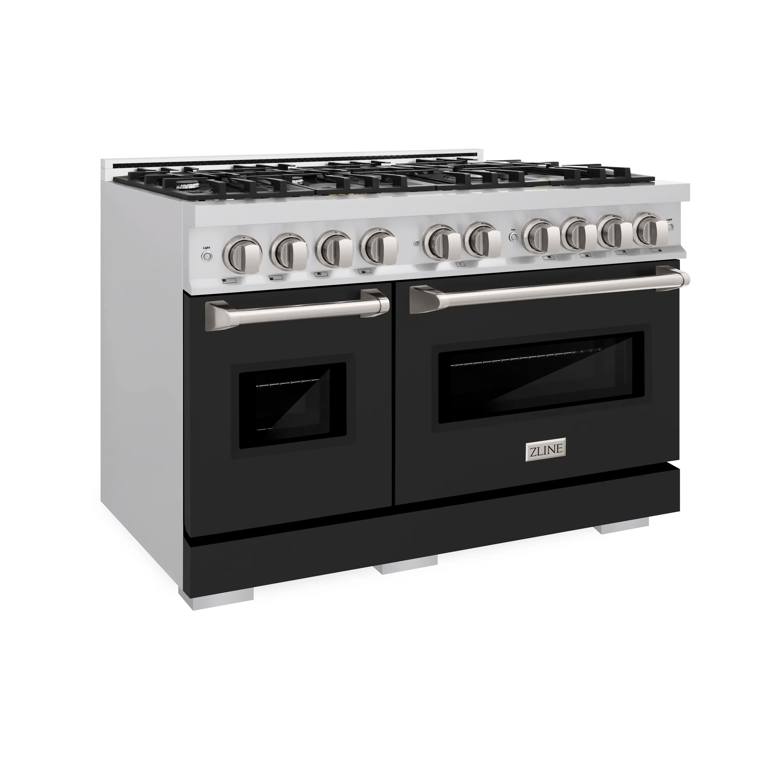 Stainless steel gas range with black oven doors, front controls, and eight-burner cooktop.