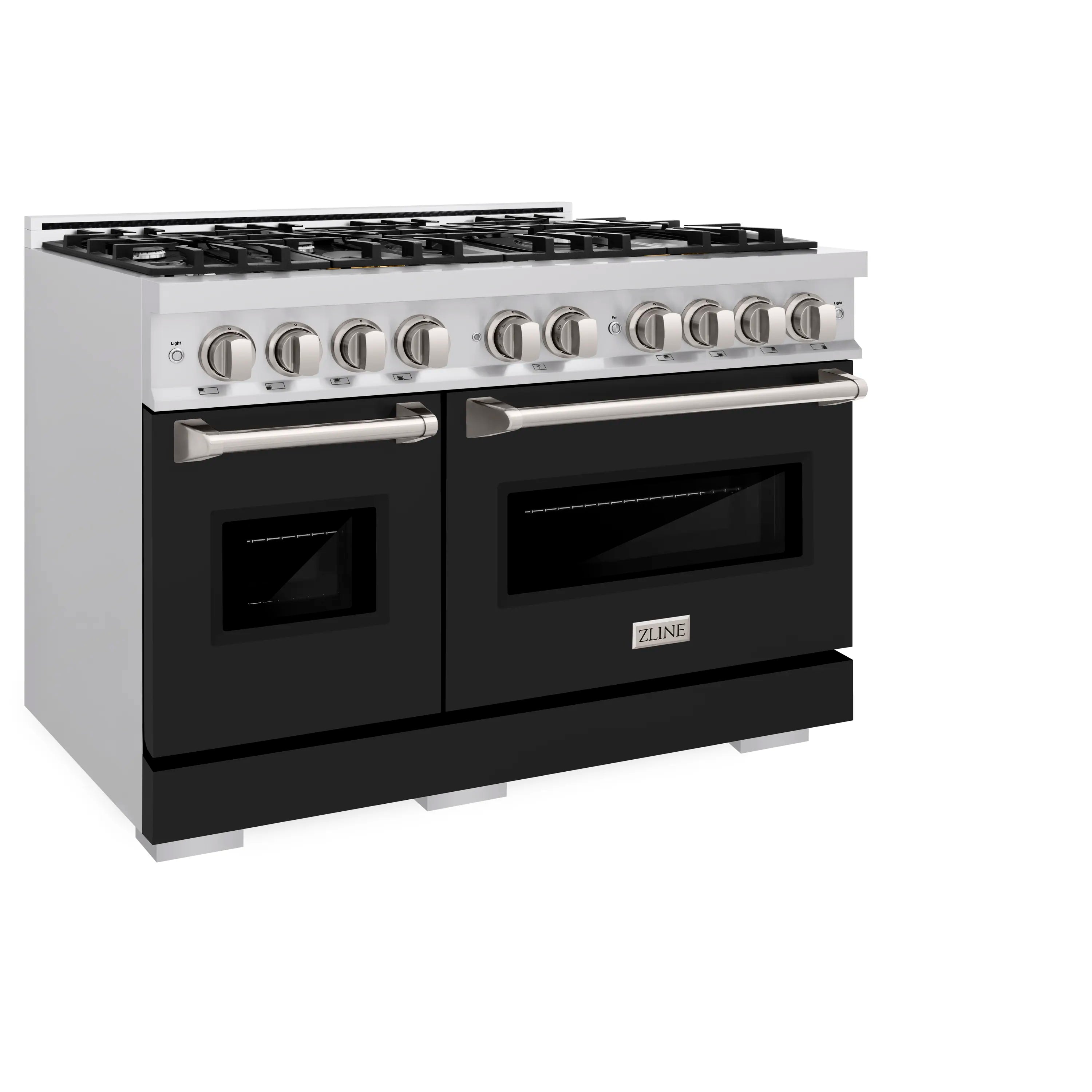 Stainless steel gas range with black oven doors and side handle, eight-burner cooktop.