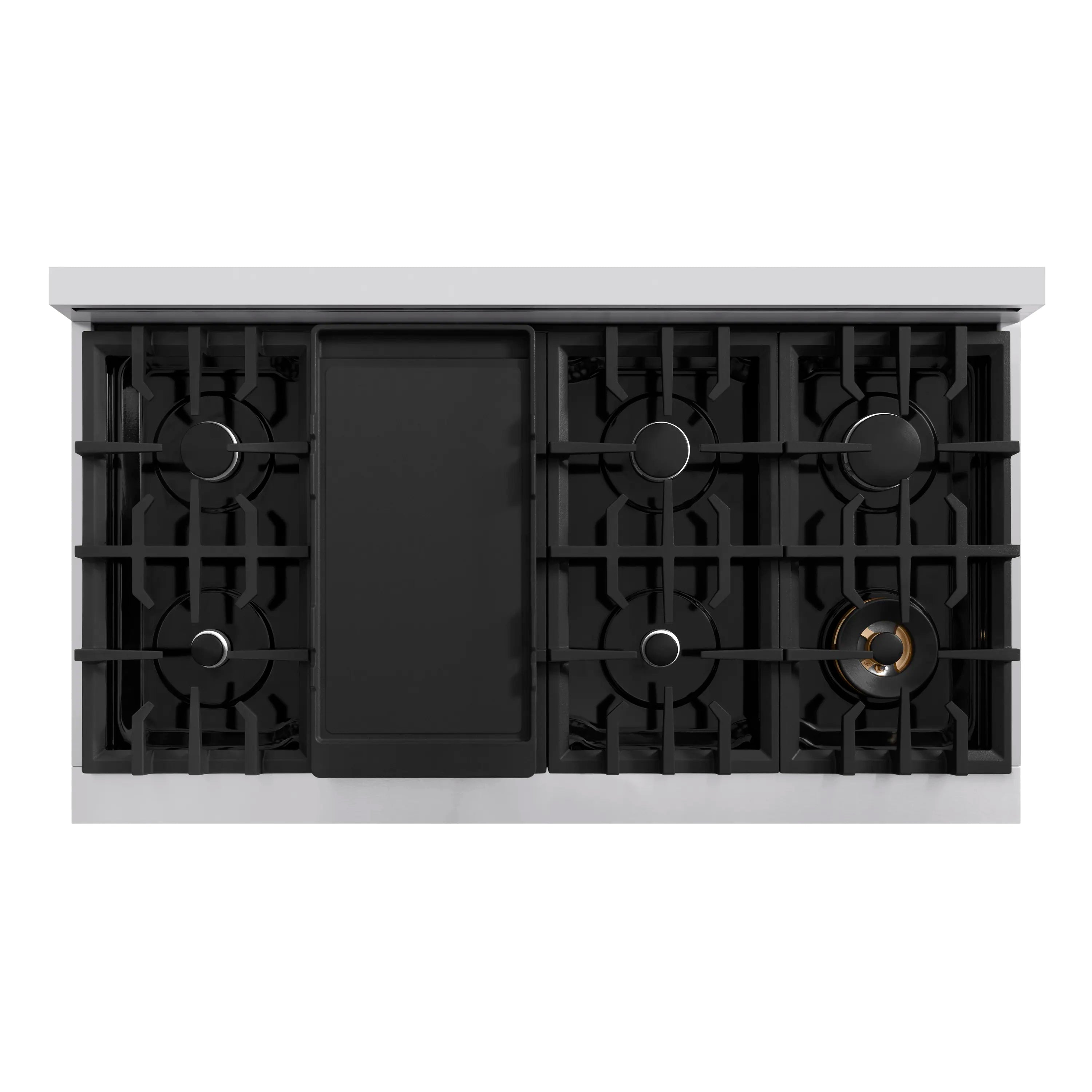 Open gas cooktop underside showing burner components and grates.