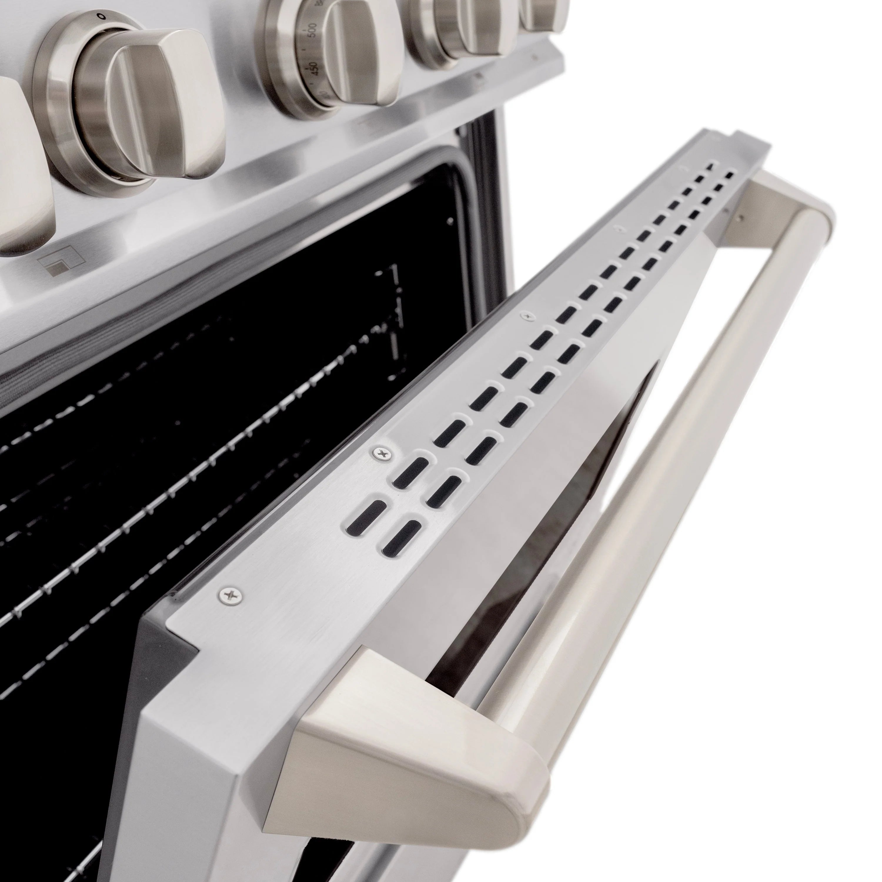 Stainless steel oven door area with vented storage drawer and control knobs