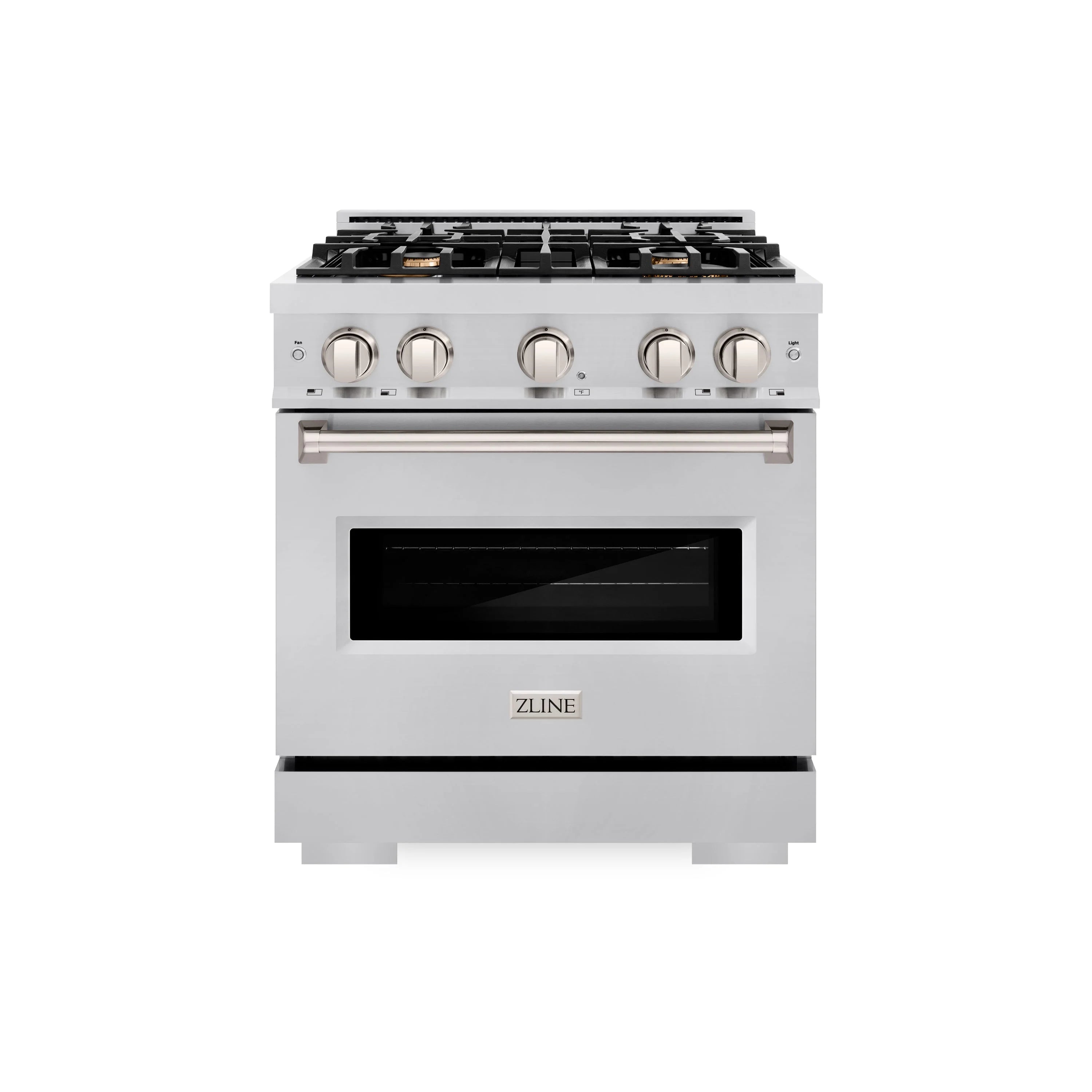 Stainless steel freestanding gas range with four burner grates and oven window