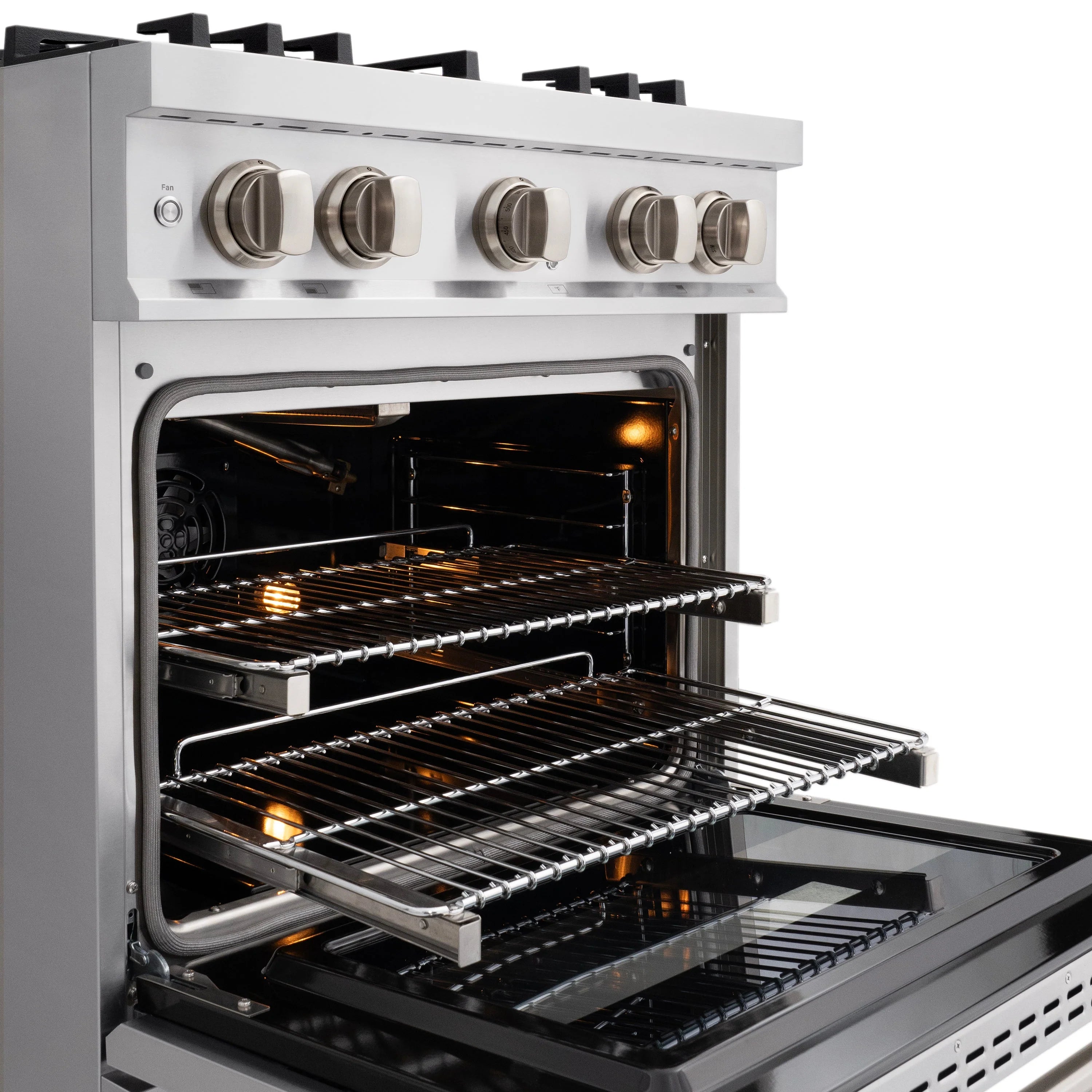 Stainless steel gas range with illuminated convection oven and four burner cooktop