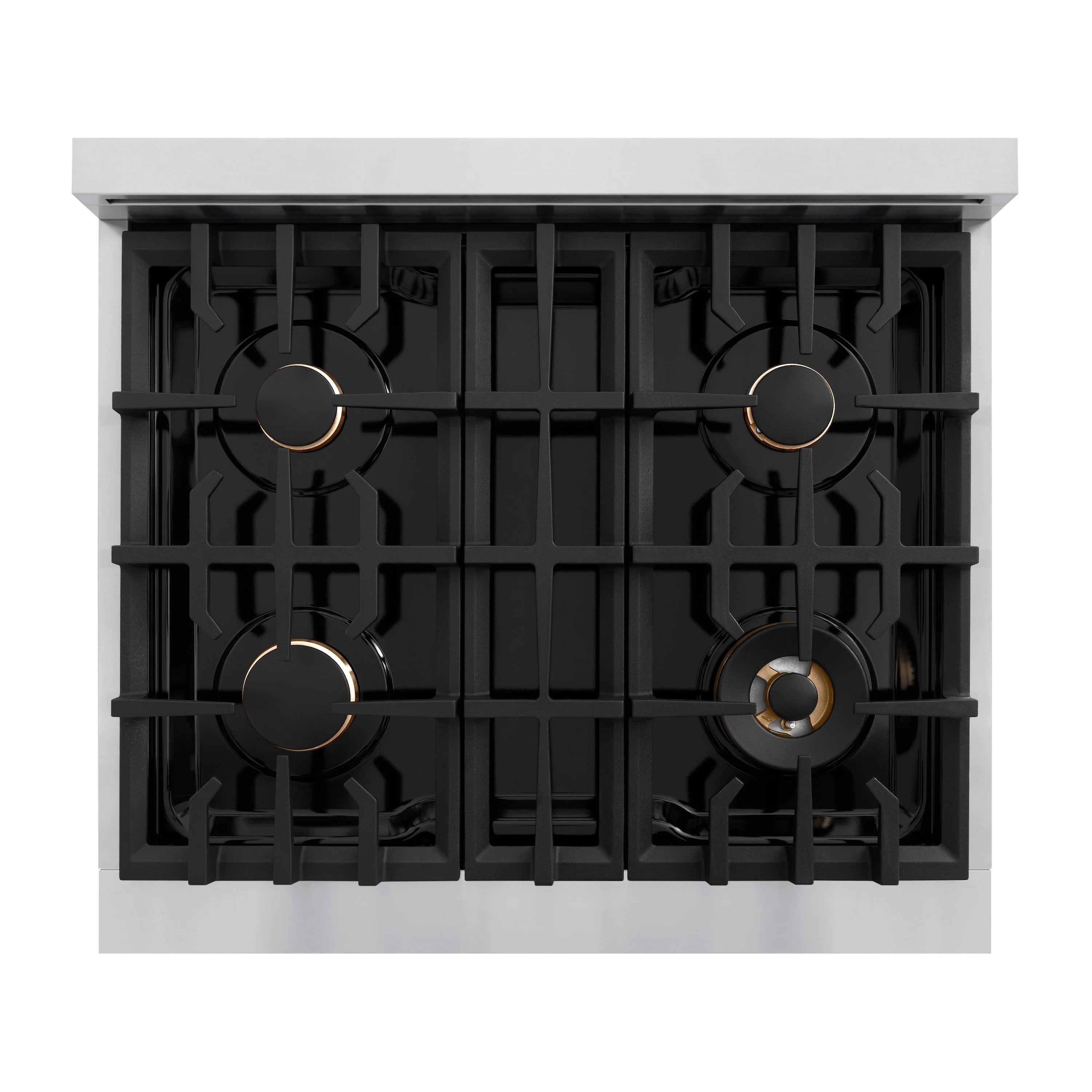 Stainless steel gas range cooktop with four black burner grates and round knobs
