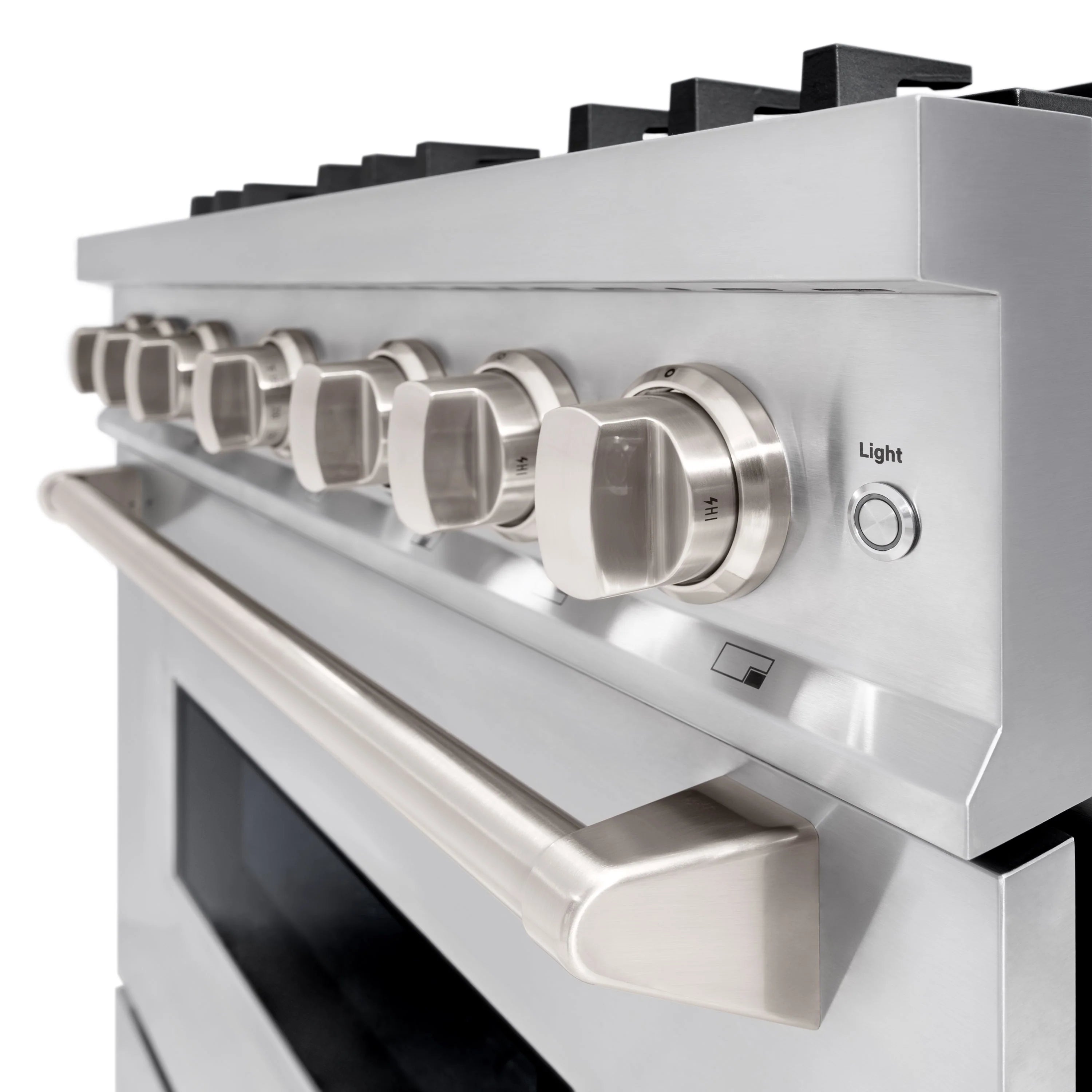 Stainless steel gas range control panel with burner knobs and oven light button