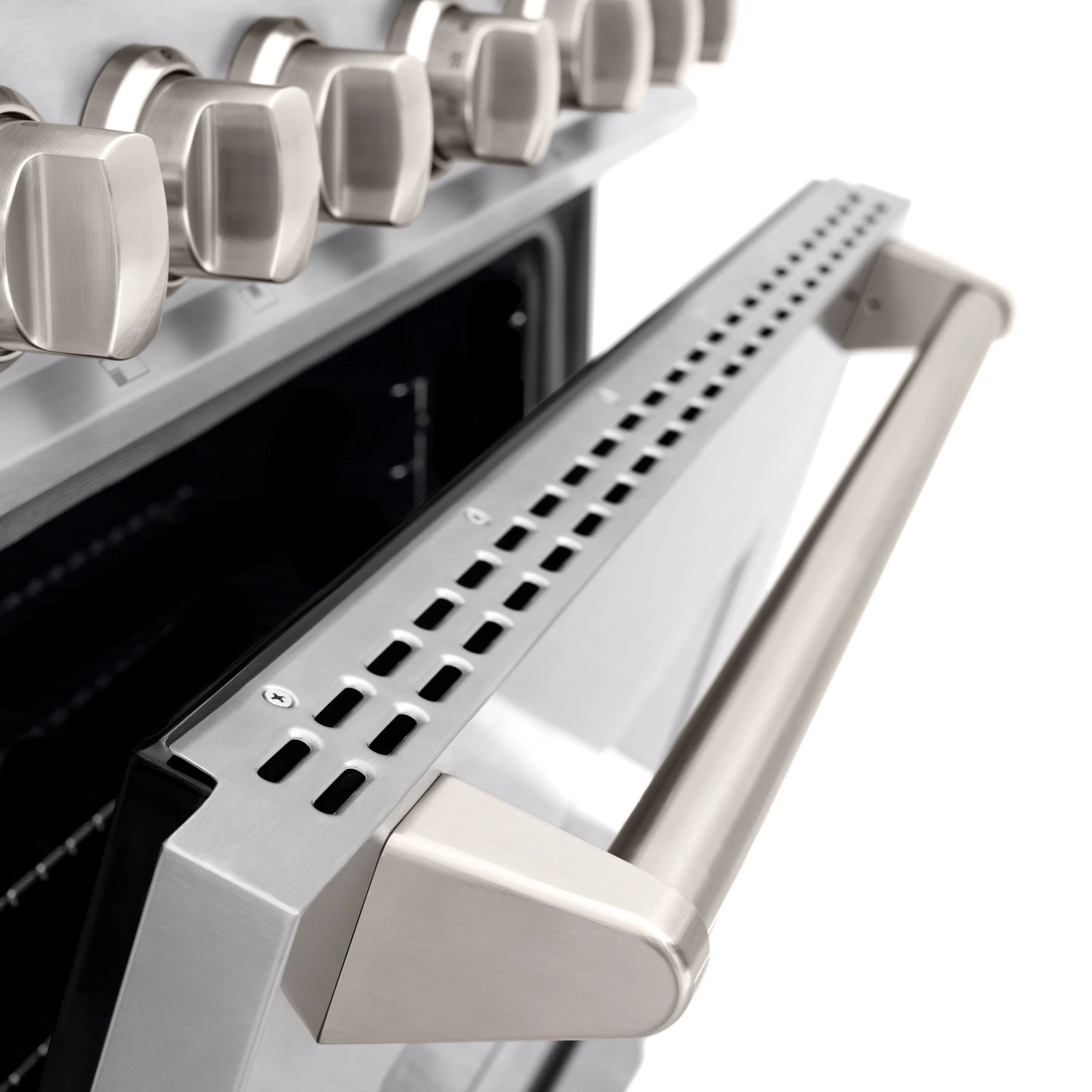 Oven door handle with perforated vent panel on a stainless steel gas range