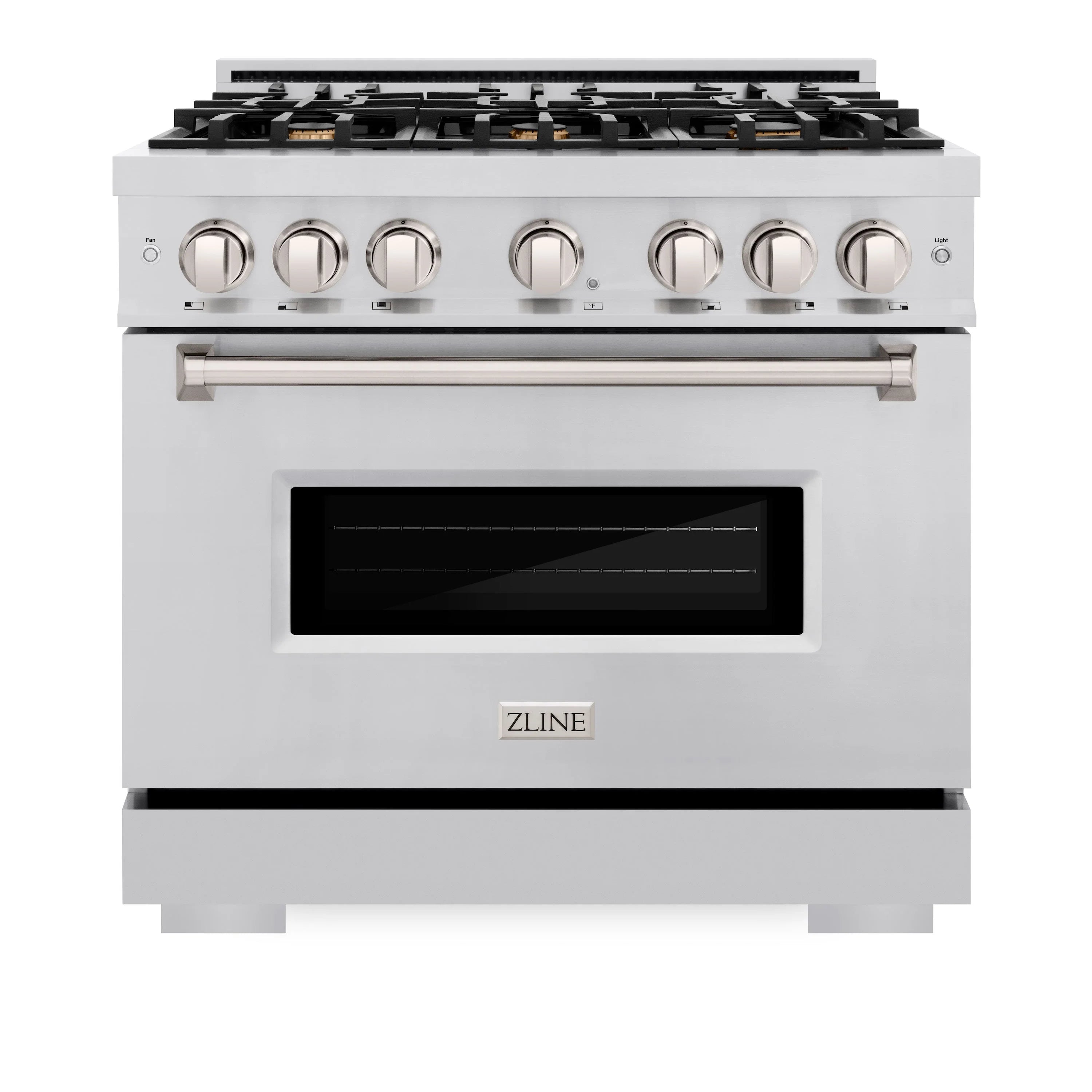 Stainless steel gas range with 6-burner cooktop, control knobs, and oven door window
