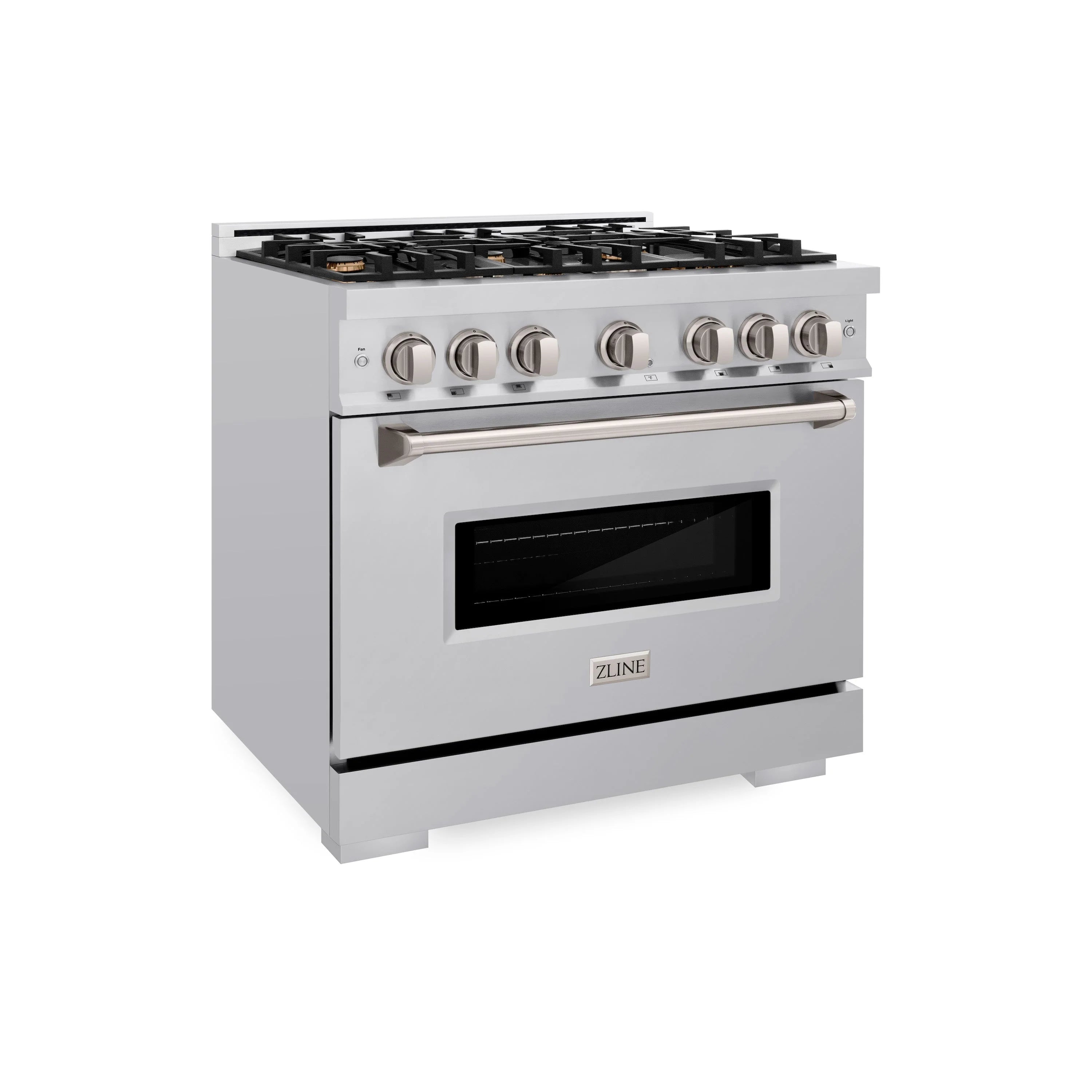 Stainless steel gas range with 6-burner cooktop and oven door with viewing window