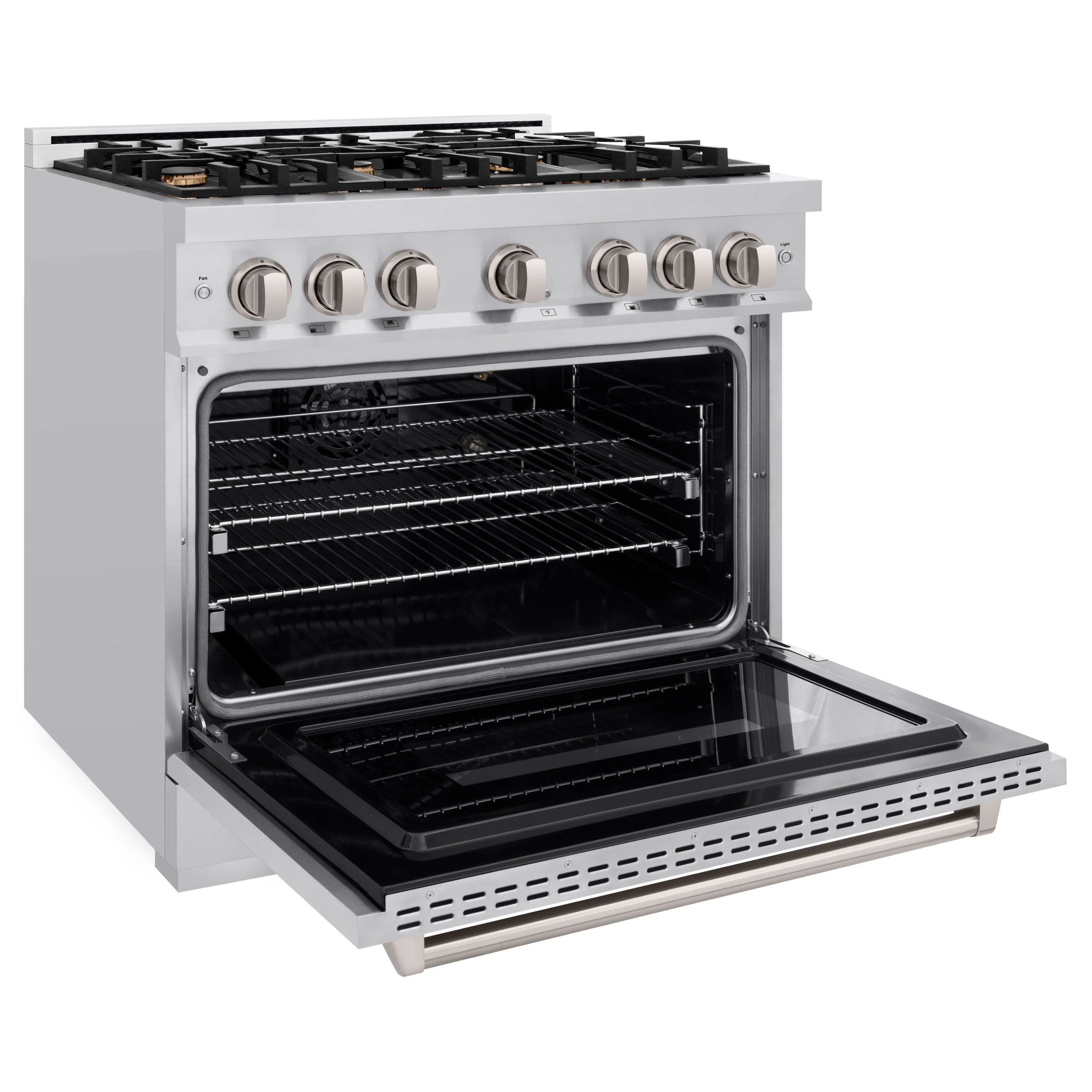 Stainless steel oven door open with racks inside and a vented bottom broiler tray