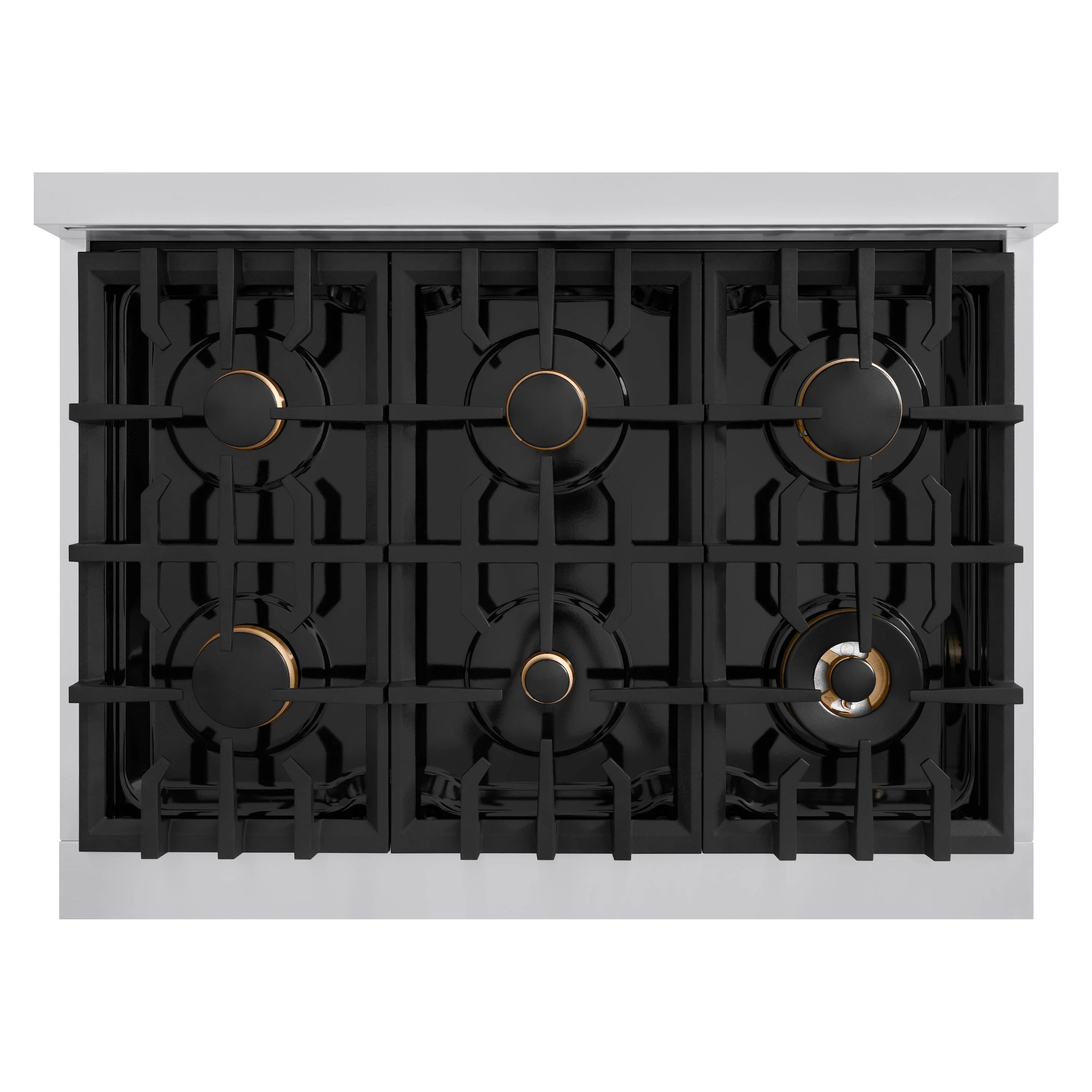 Black cast-iron burner grates with round burner caps on stainless steel cooktop