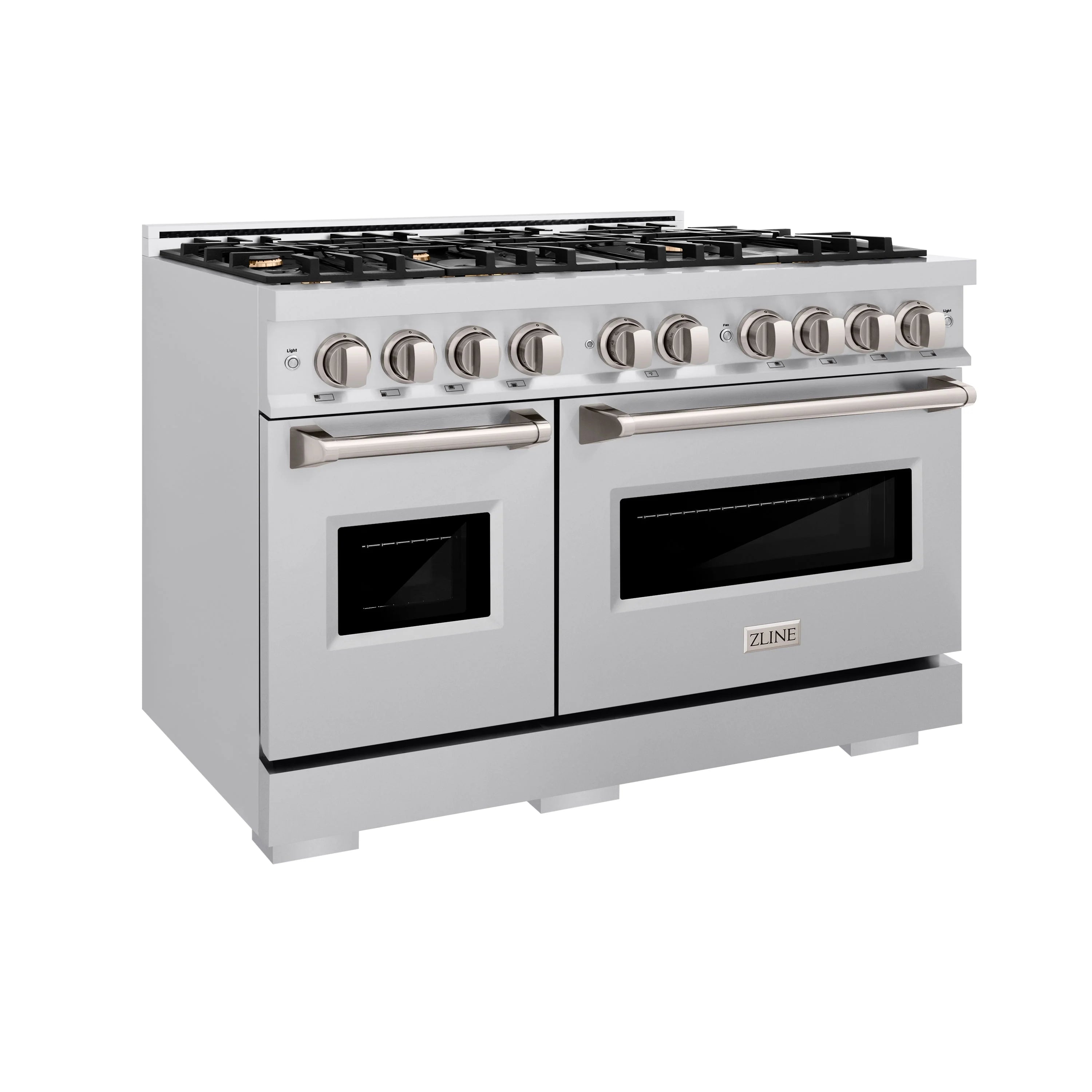 Stainless steel gas range with 8-burner cooktop and window oven doors