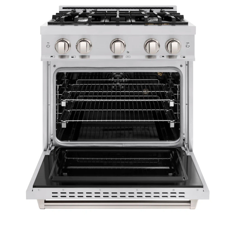 ZLINE 4-Piece Appliance Package - 30-Inch Gas Range, Hood, Refrigerator with Water Dispenser, and Dishwasher in Stainless Steel