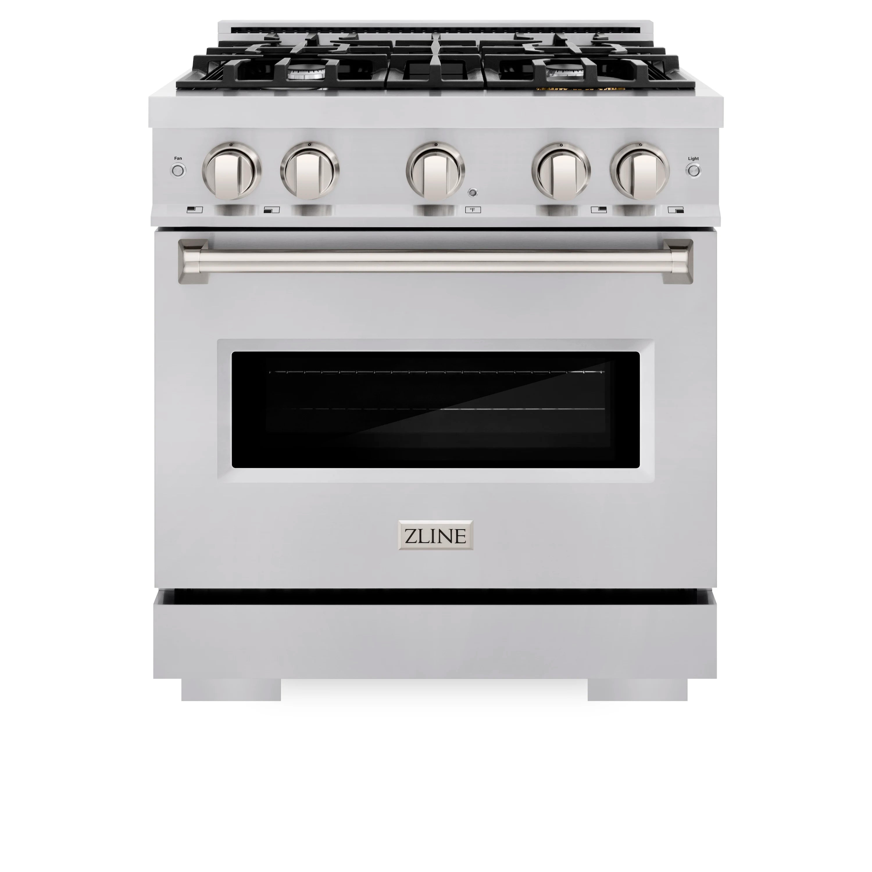 Stainless gas range with four front control knobs and closed glass oven door