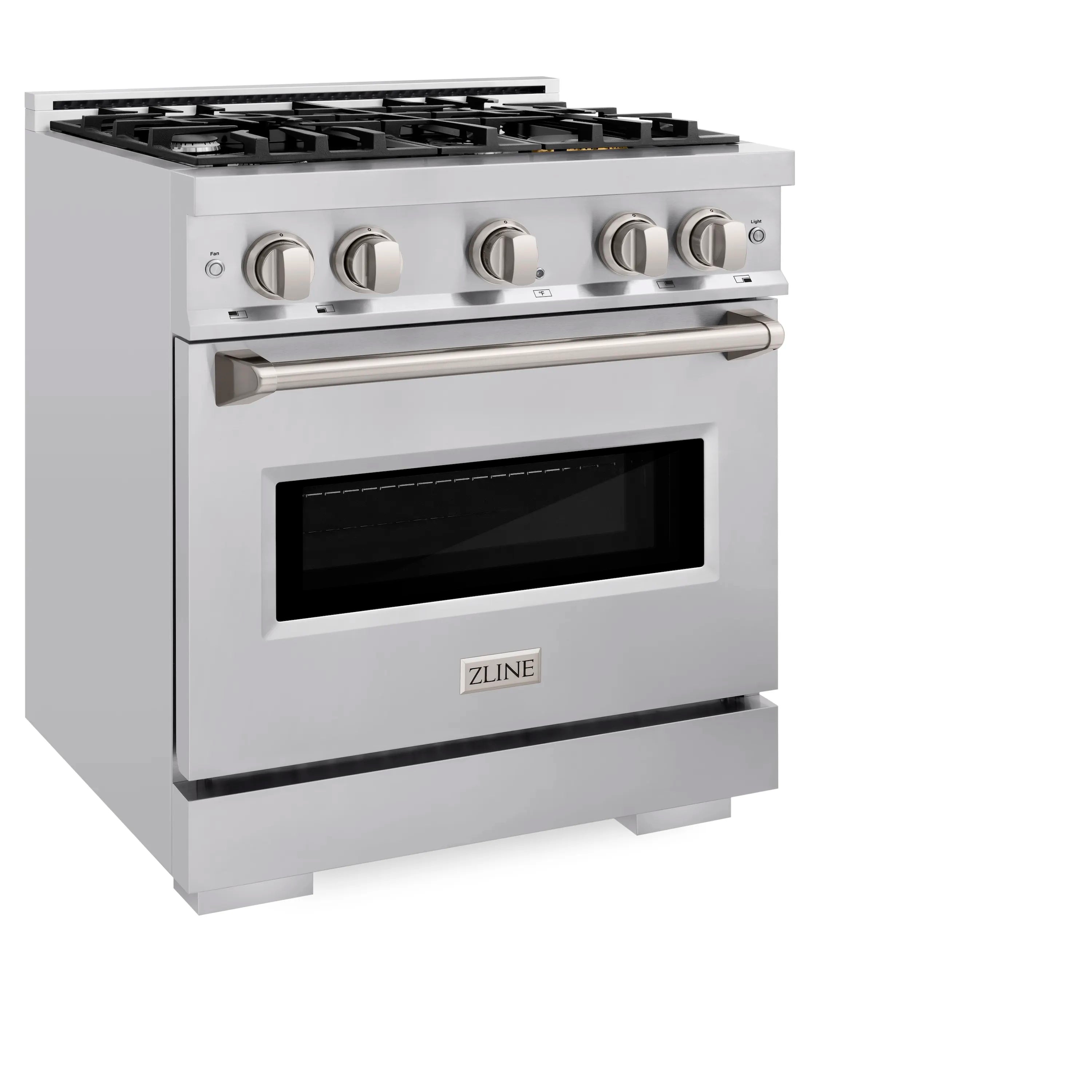 Stainless gas range with oven window, warming rail handle, and four burner knobs