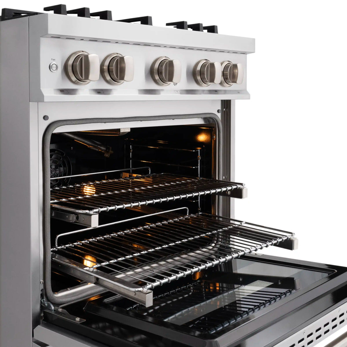 Open stainless oven door with lit interior racks