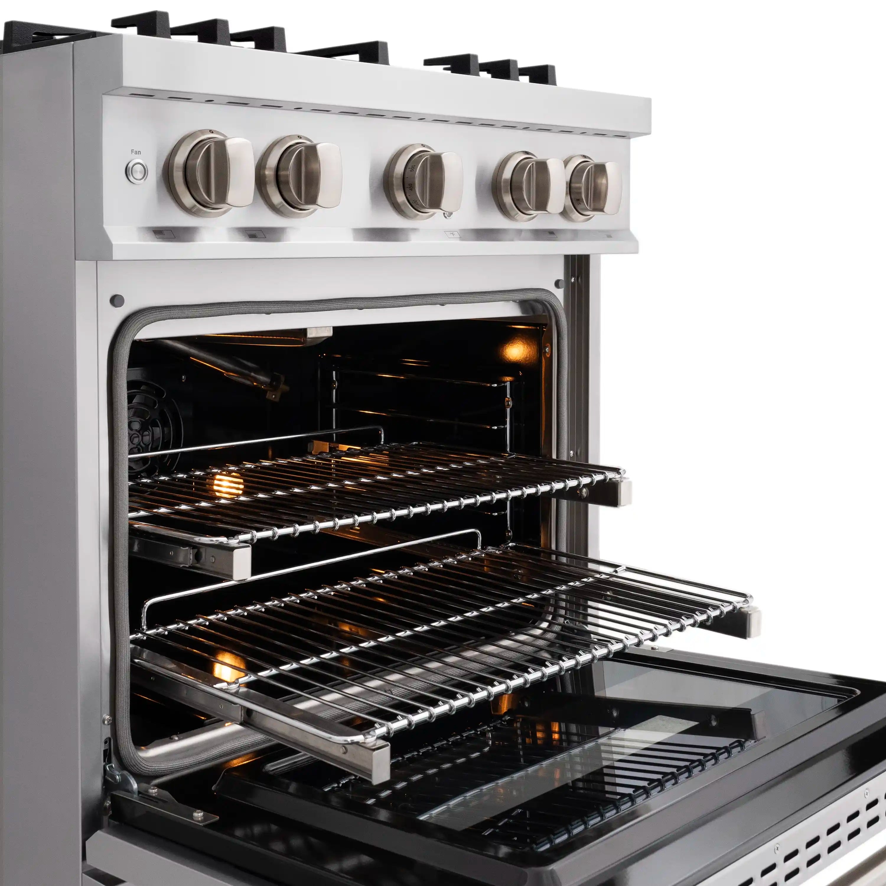 Stainless steel gas range control knobs and open oven interior with racks