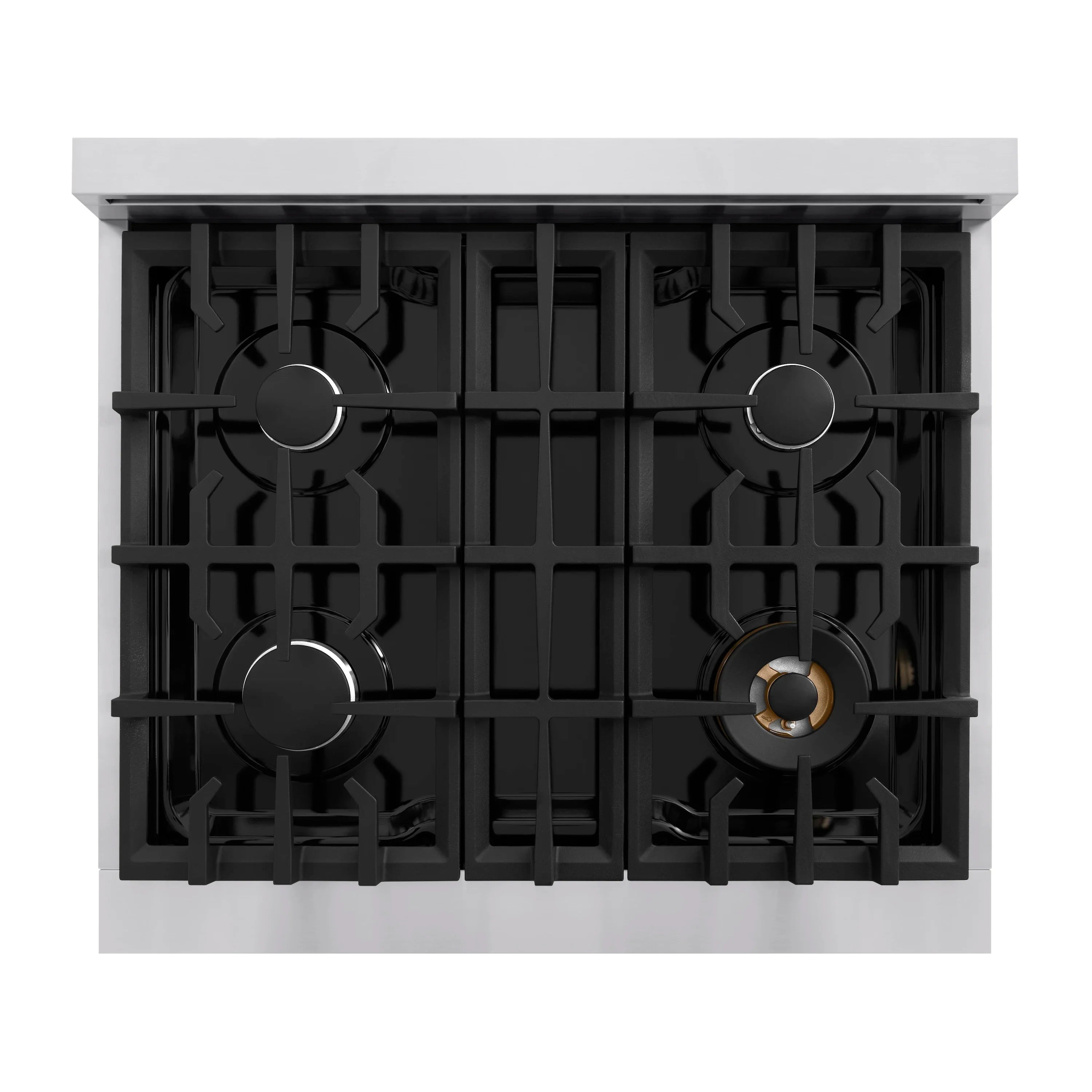Stainless steel gas range cooktop with four black burner grates