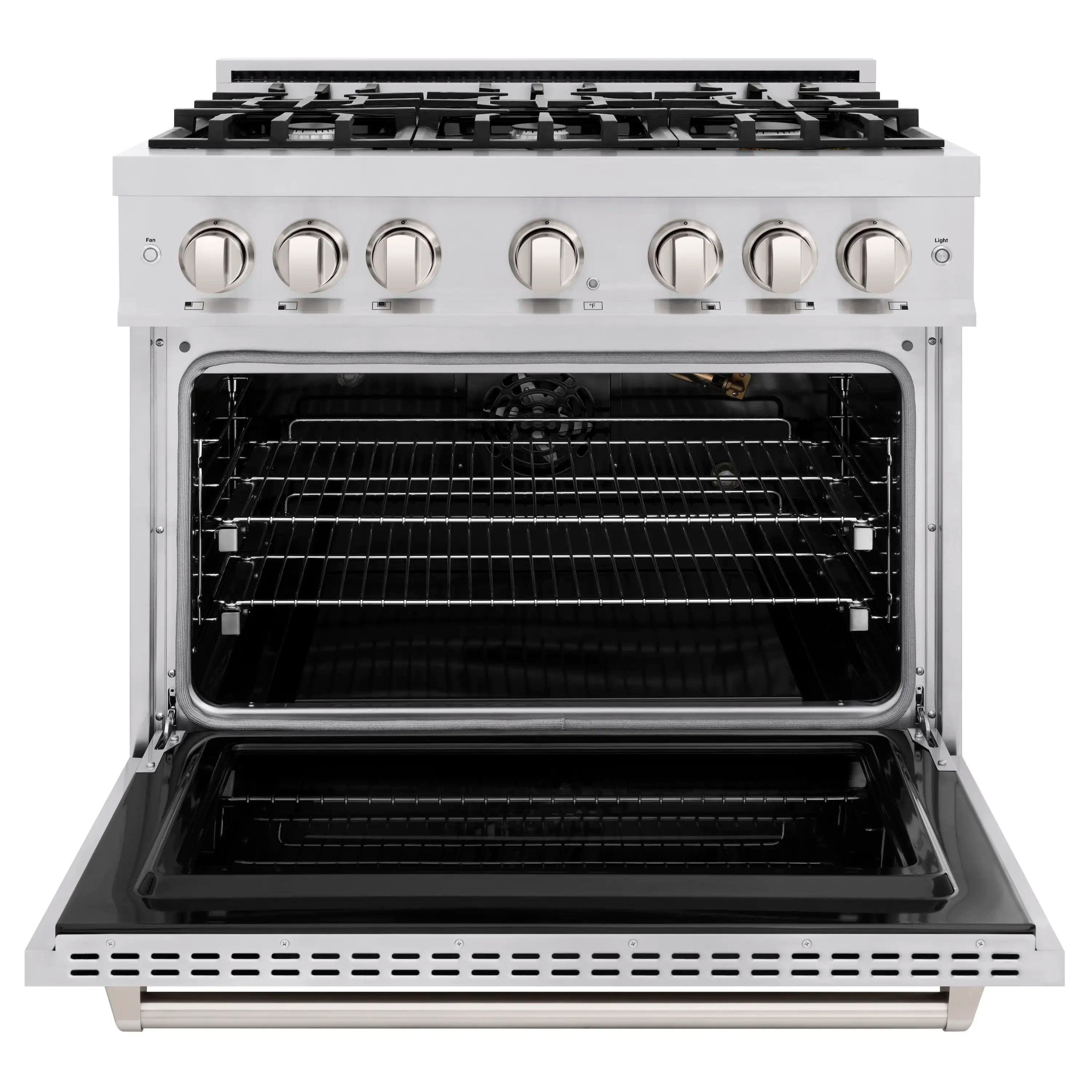 Stainless steel gas range with oven door open, interior racks and burners visible