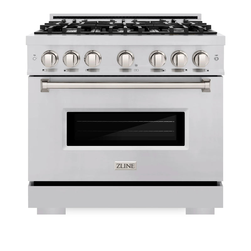 ZLINE 4-Piece Appliance Package - 36-Inch Gas Range, Hood, Refrigerator, and Dishwasher in Stainless Steel