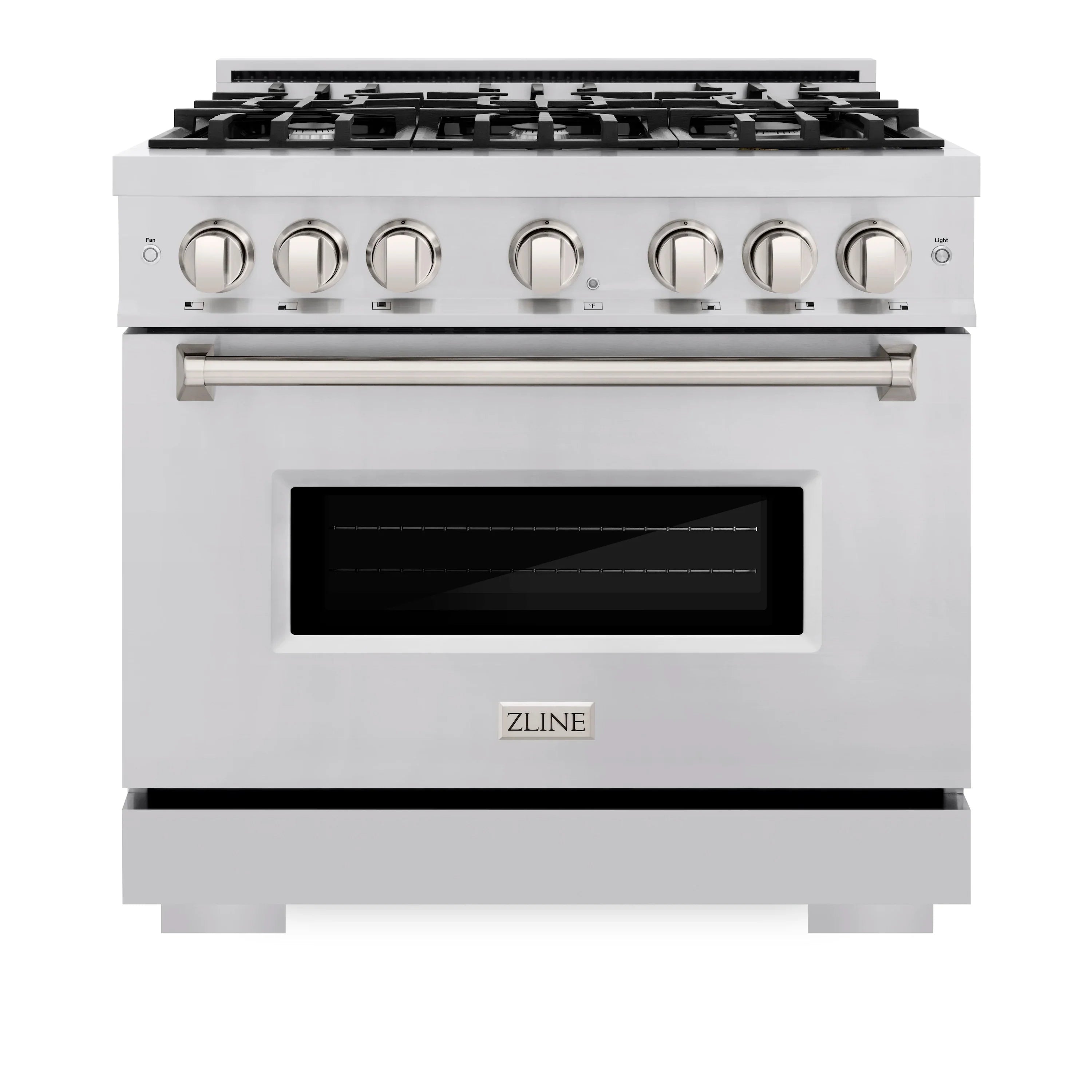Stainless steel 36-inch gas range with control knobs and oven door window