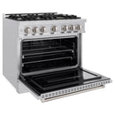 ZLINE 5-Piece Appliance Package - 36-Inch Classic Gas Range, Wall Mount Range Hood, 36-Inch French Door Refrigerator with Water Dispenser, Dishwasher, and 30-Inch Microwave Drawer in Stainless Steel