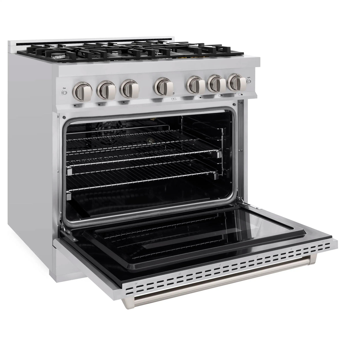 Stainless steel gas range with oven door open and pull-out oven rack extended.