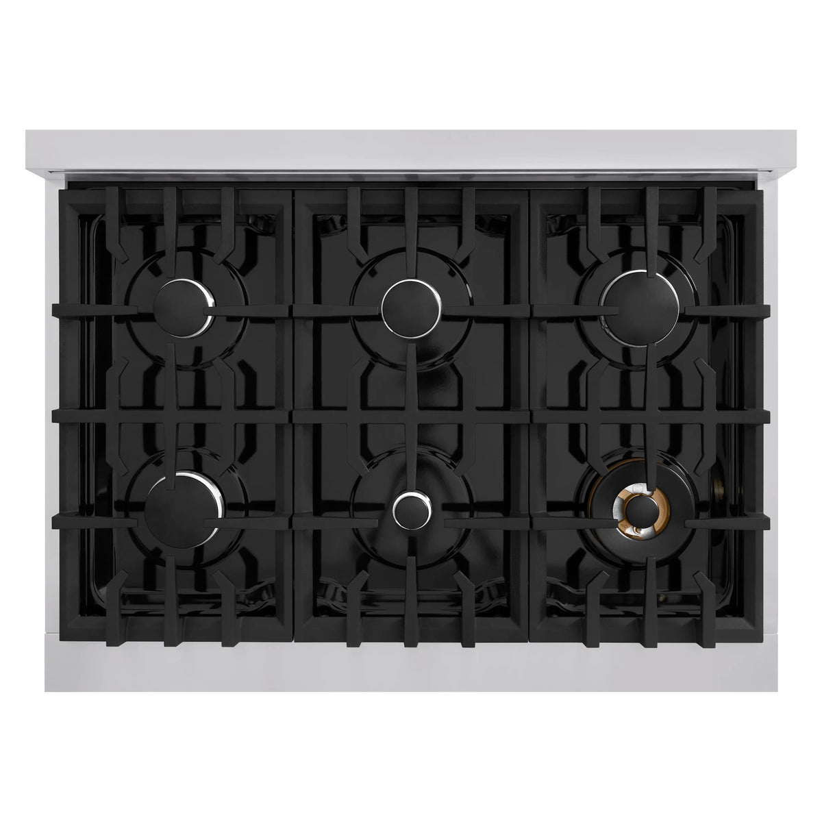 Gas rangetop burner grid with black cast-iron grates, front view