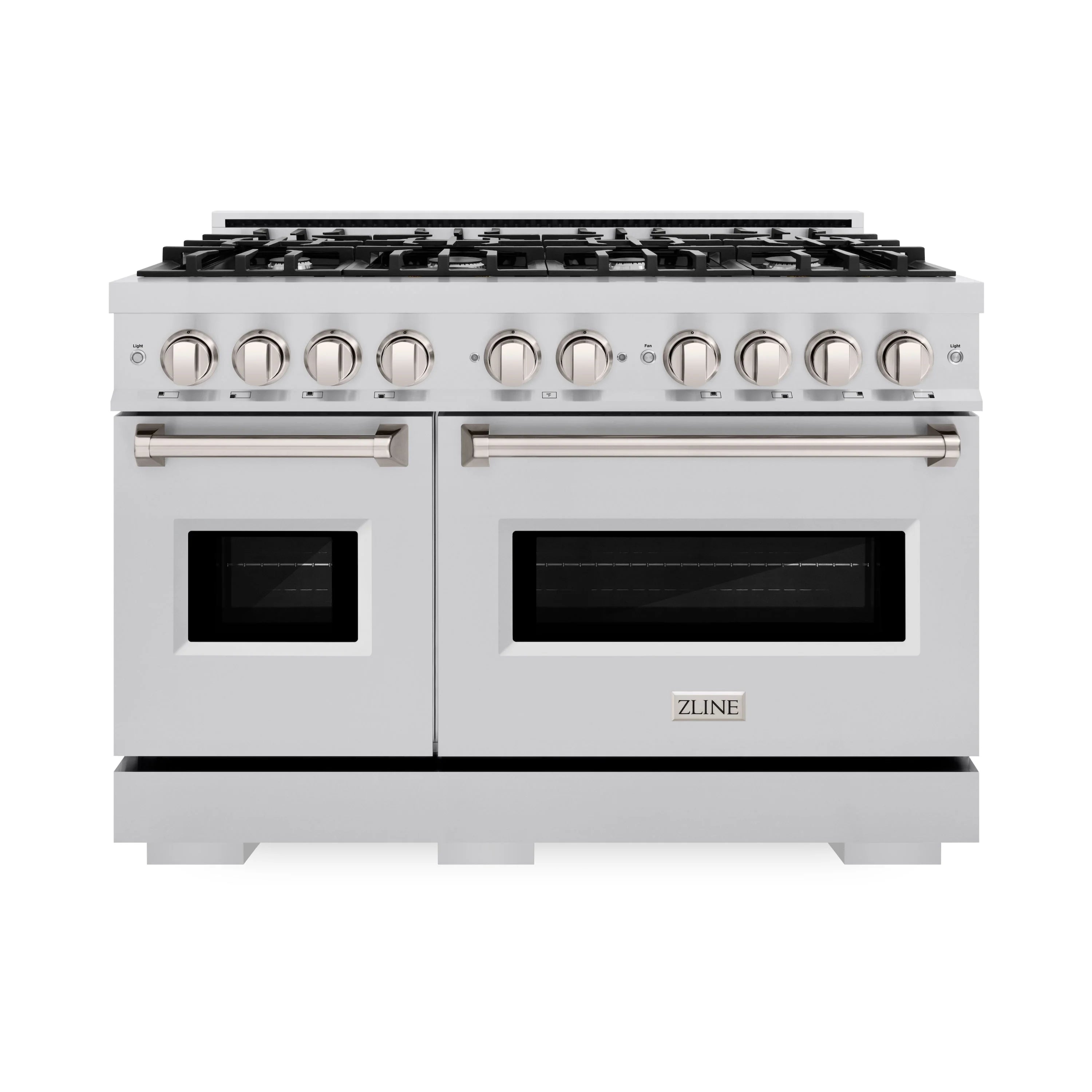 Stainless steel ZLINE dual-oven gas range with 8-burner cooktop and control knobs