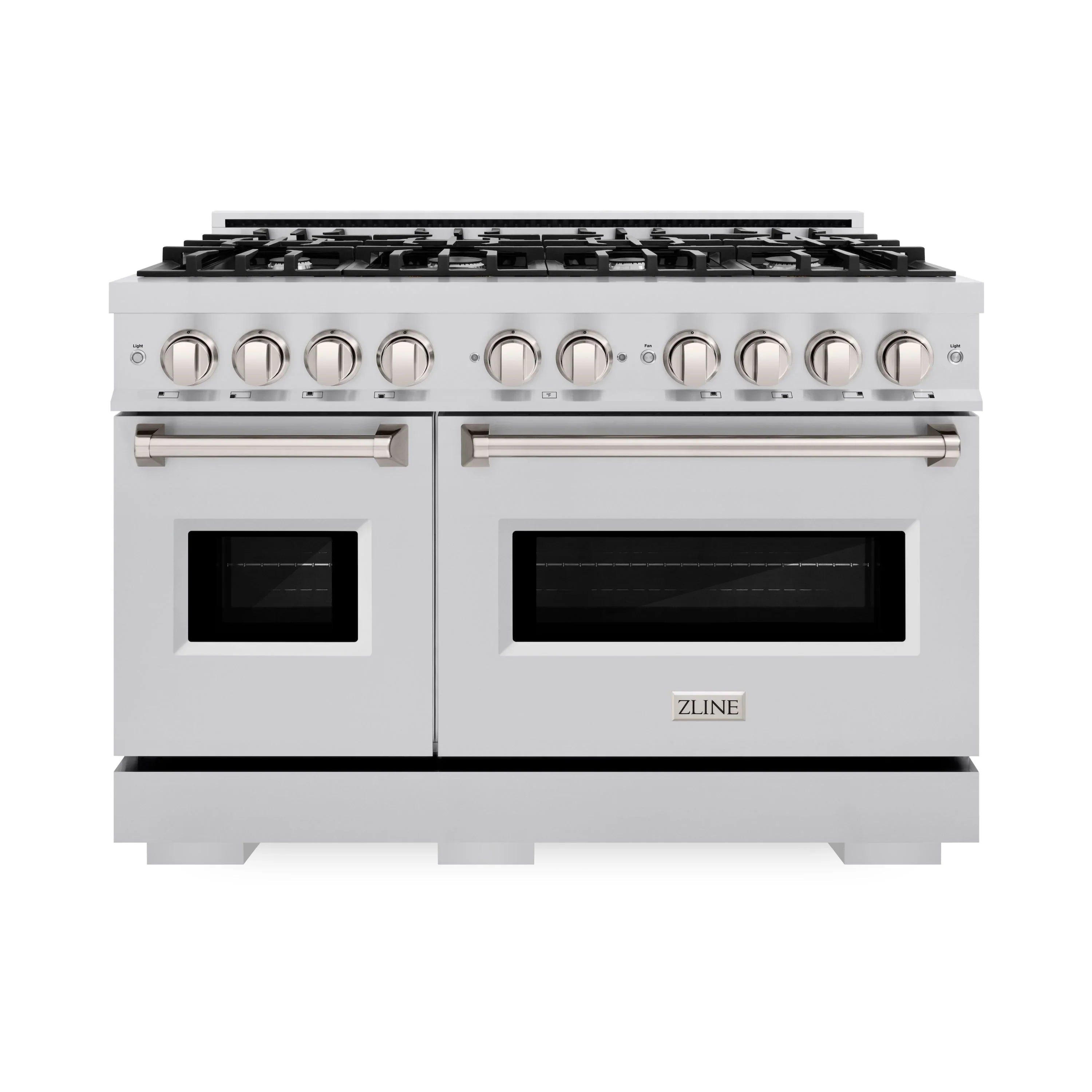 Stainless steel gas double oven range with two doors, knobs, and black grates