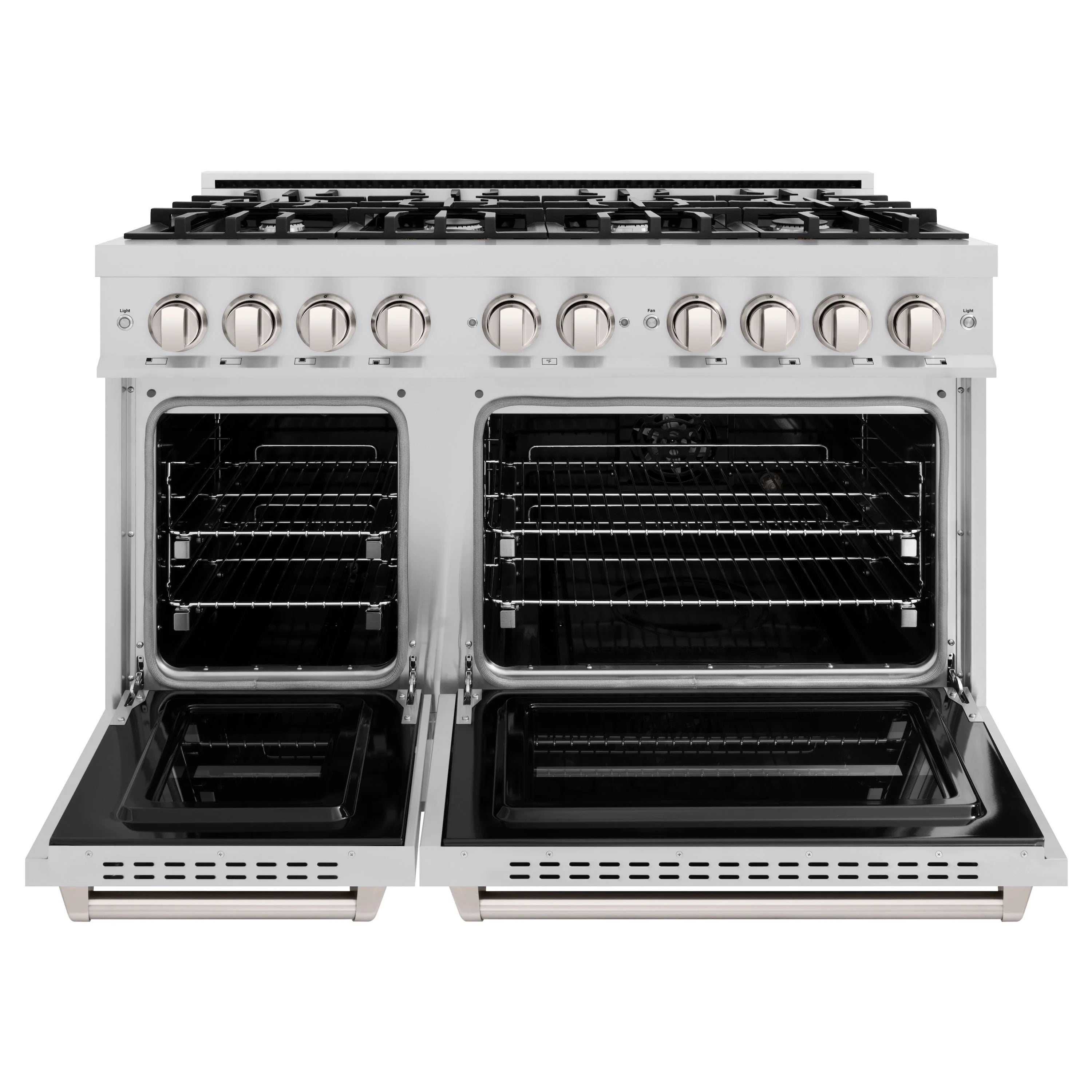 Stainless steel ZLINE dual-oven gas range with both oven doors open and racks visible