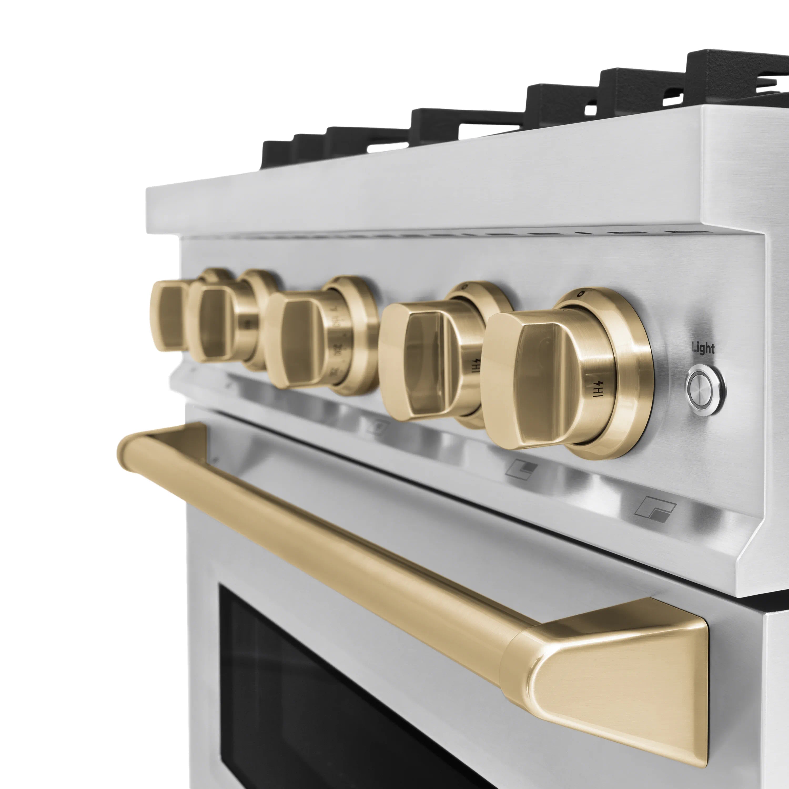 Stainless steel oven control panel with bronze knobs, handle, and cooktop burner grates